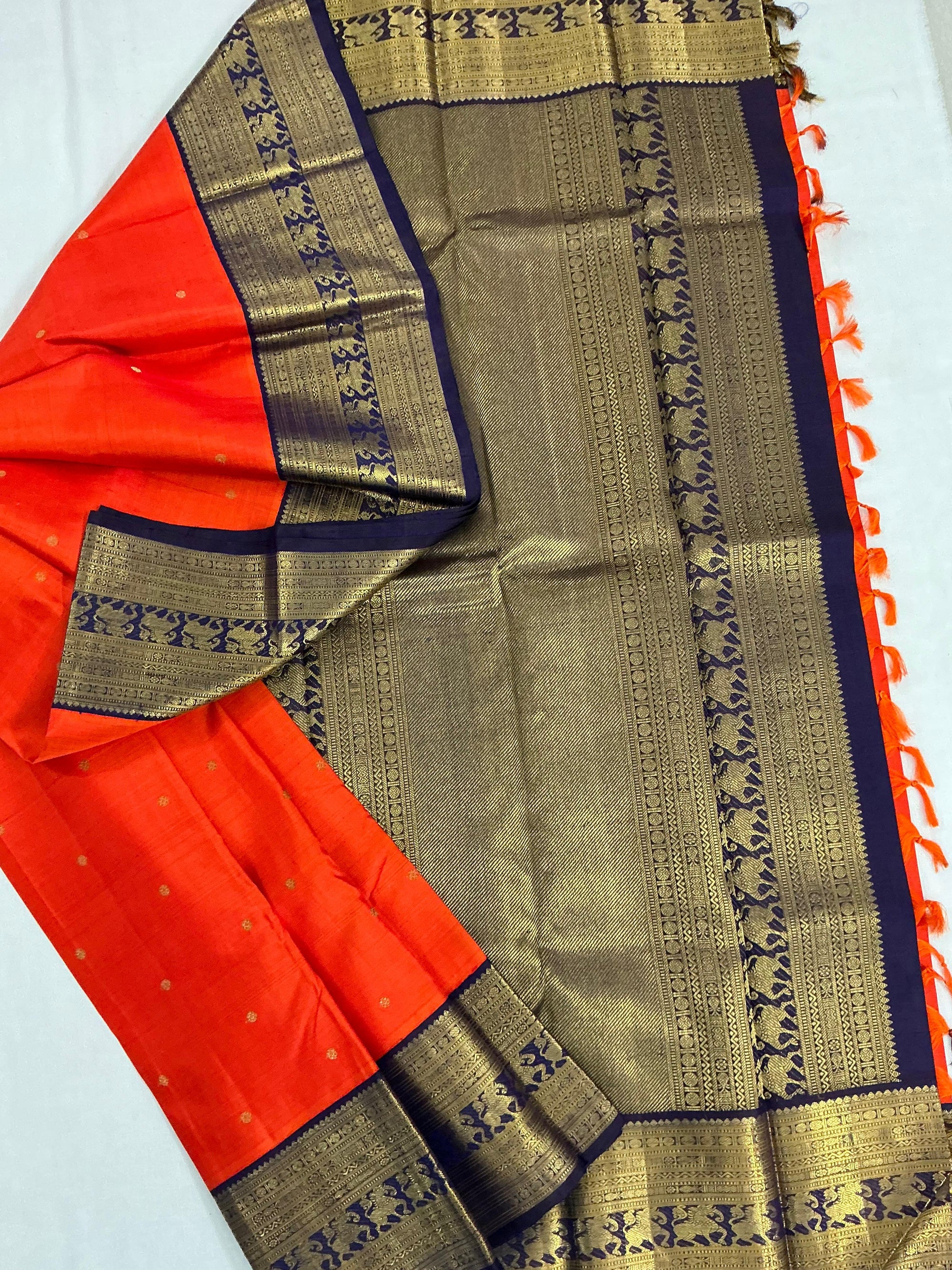MYTHILI:  Vintage Inspired Kanjivarams (Fanta Orange + Navy Blue)