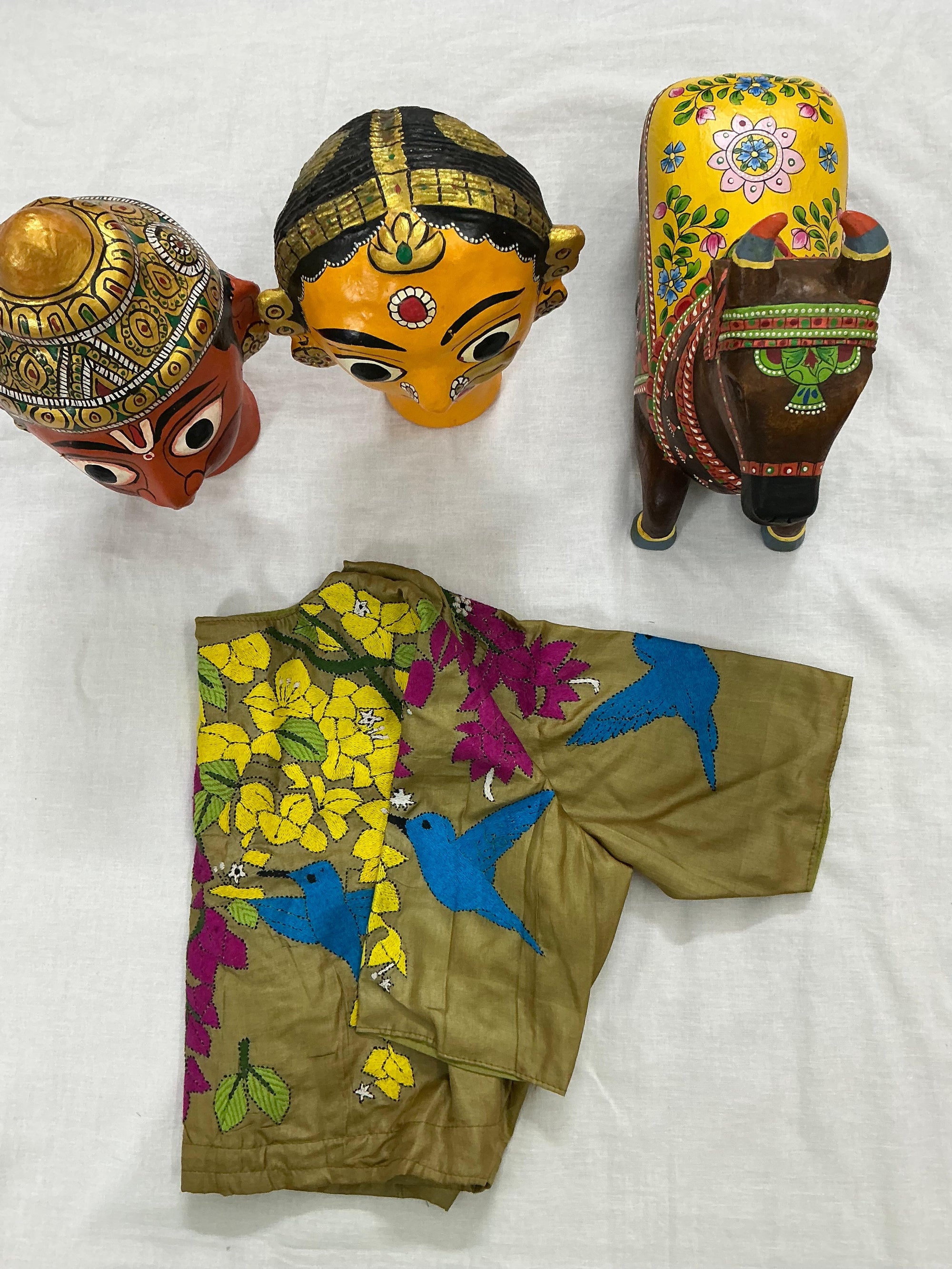 Handcrafted Ready to Wear Blouse : Kantha Embroidery (Olive Green)