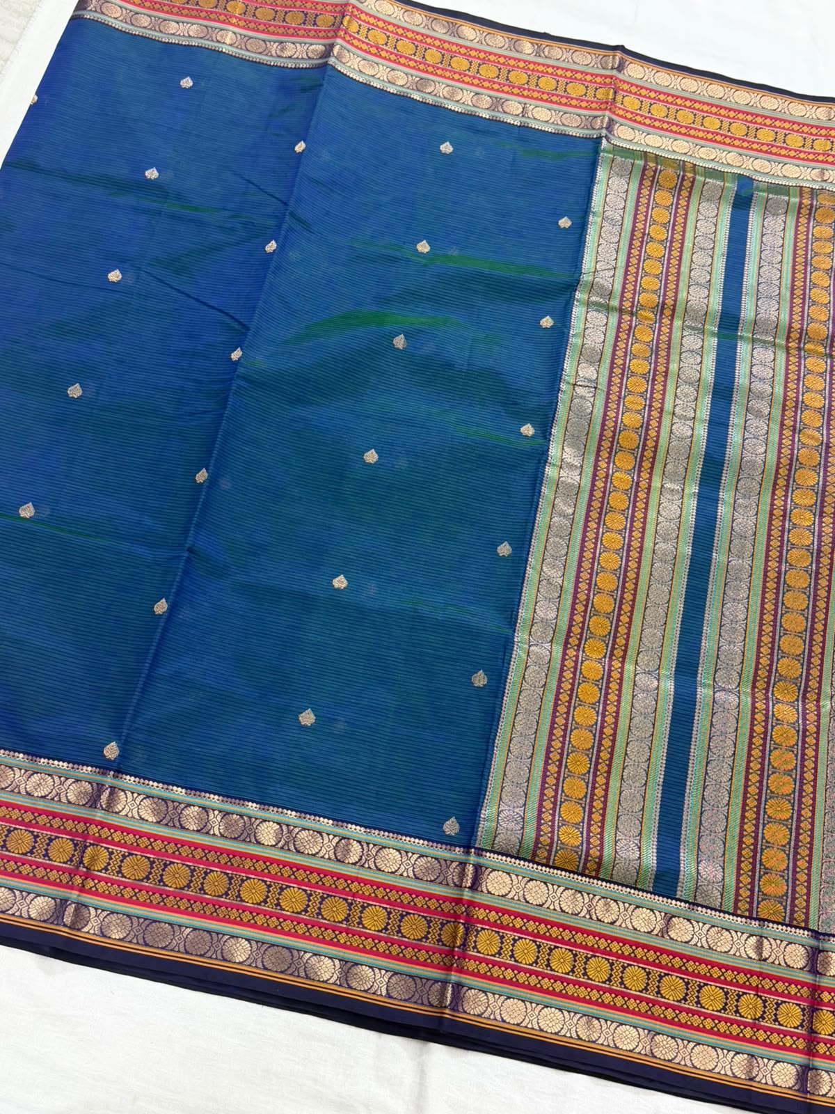 Silk Cotton :  Peacock Blue with Rich border