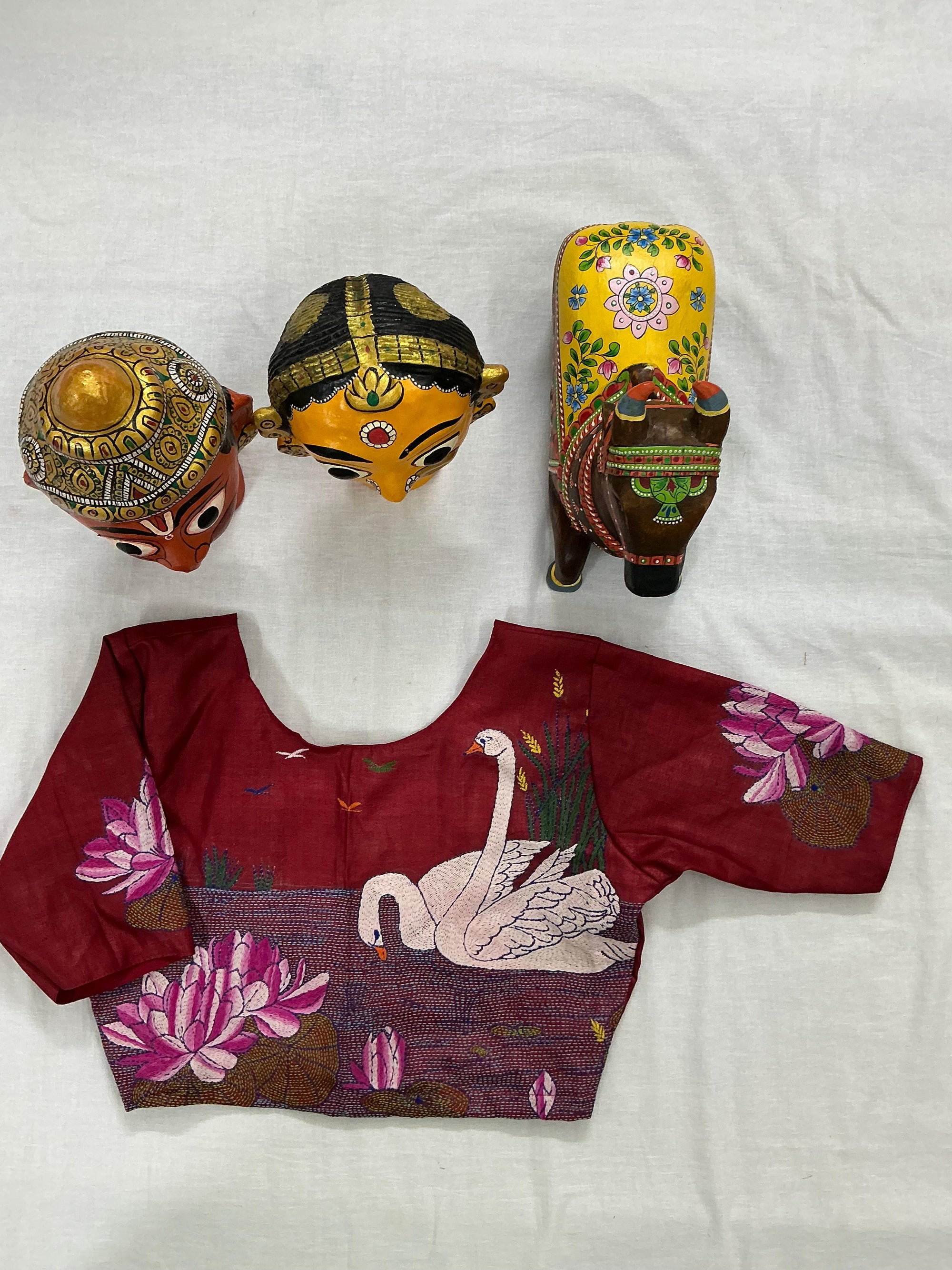 Handcrafted Ready to Wear Blouse : Kantha Embroidery (Pinkish Red)