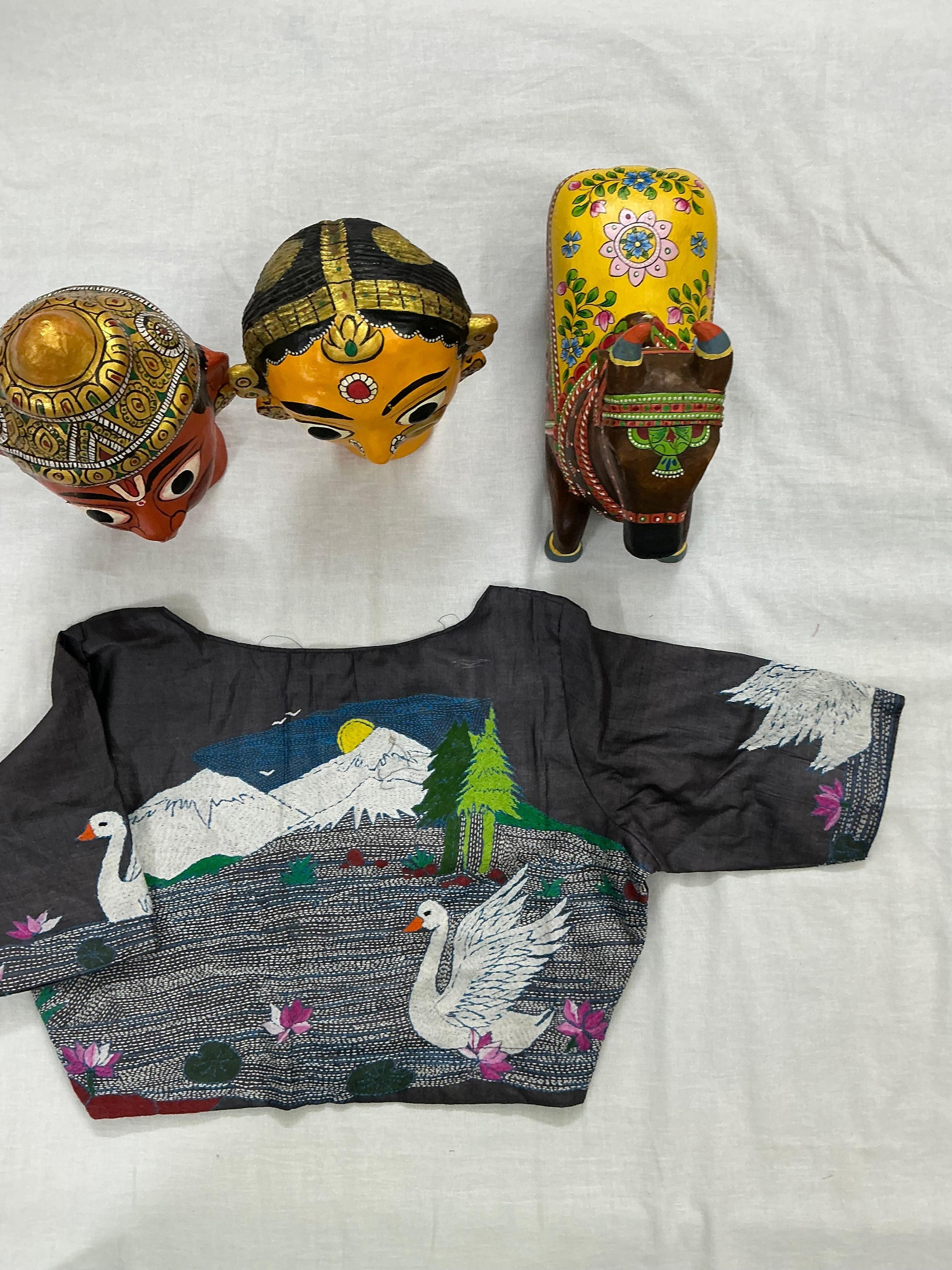 Handcrafted Ready to Wear Blouse : Kantha Embroidery (Charcoal Grey)