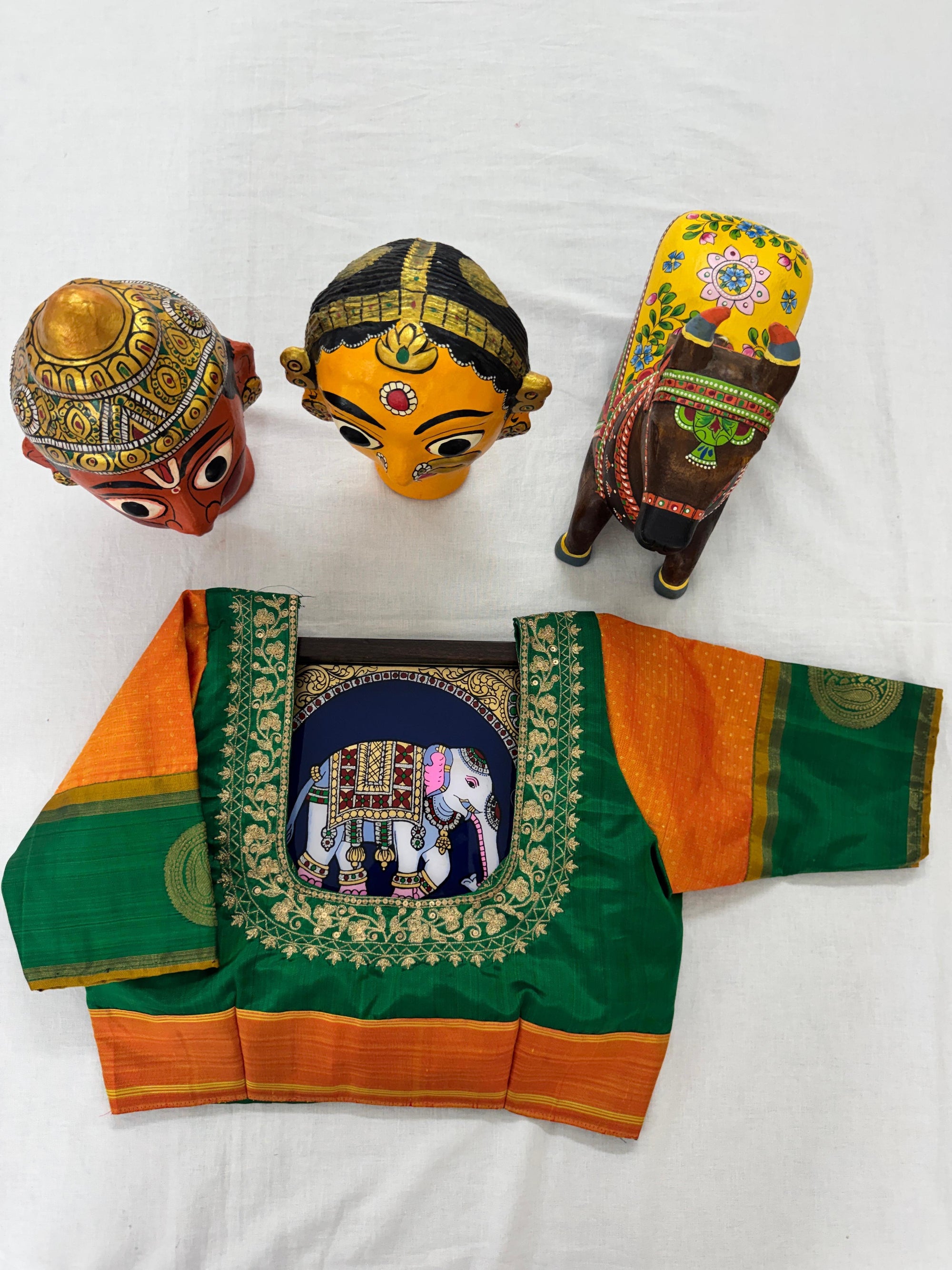 Handcrafted Kanjivaram silk Blouse : Orange + Green