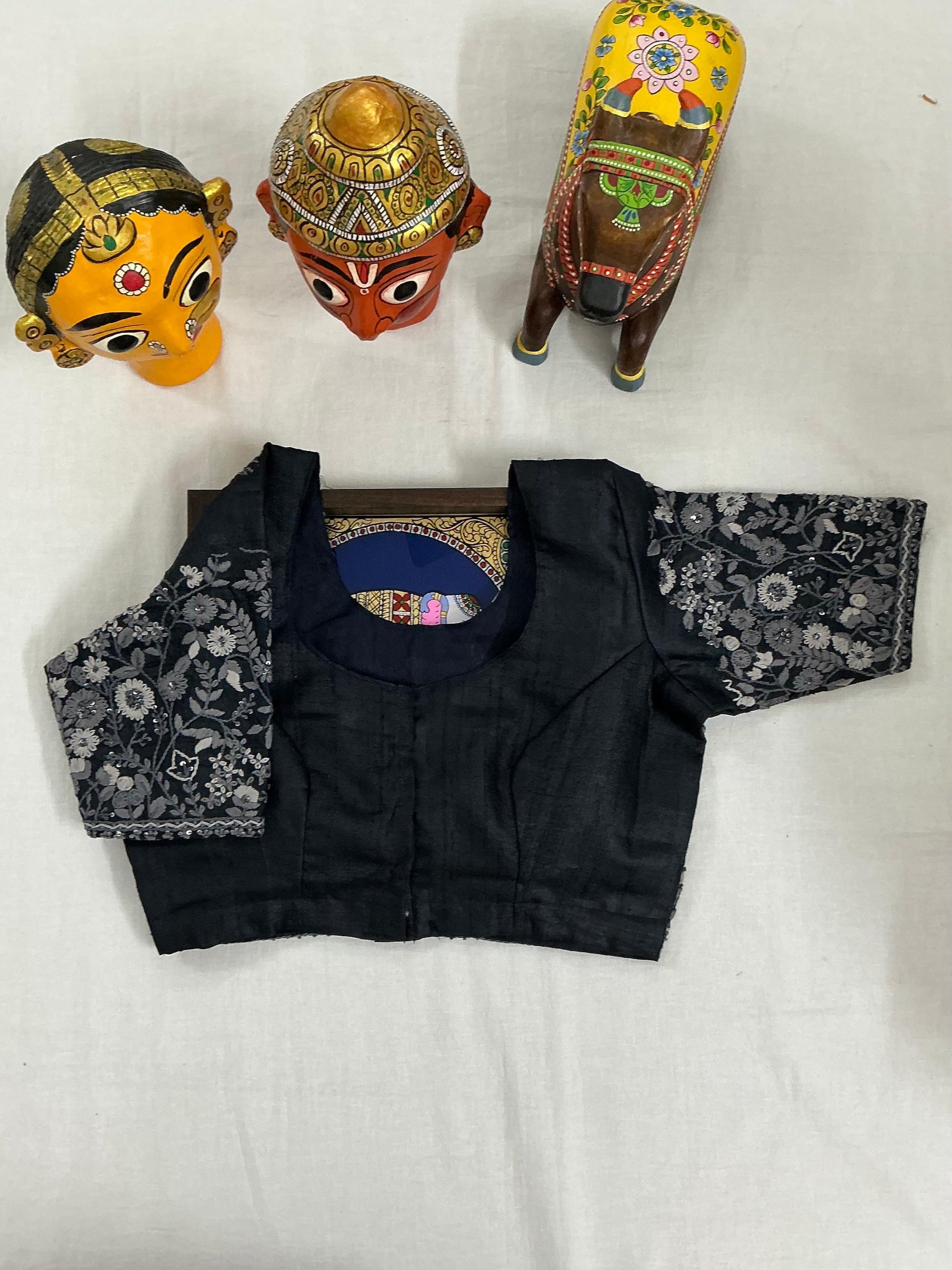 Handcrafted Ready to Wear Blouse : Tussar French Knot Embroidery (Black)