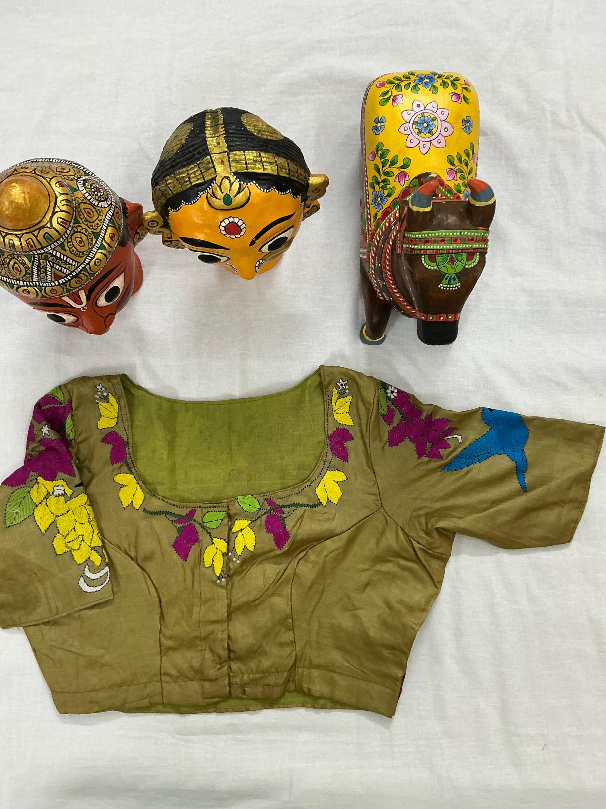 Handcrafted Ready to Wear Blouse : Kantha Embroidery (Olive Green)