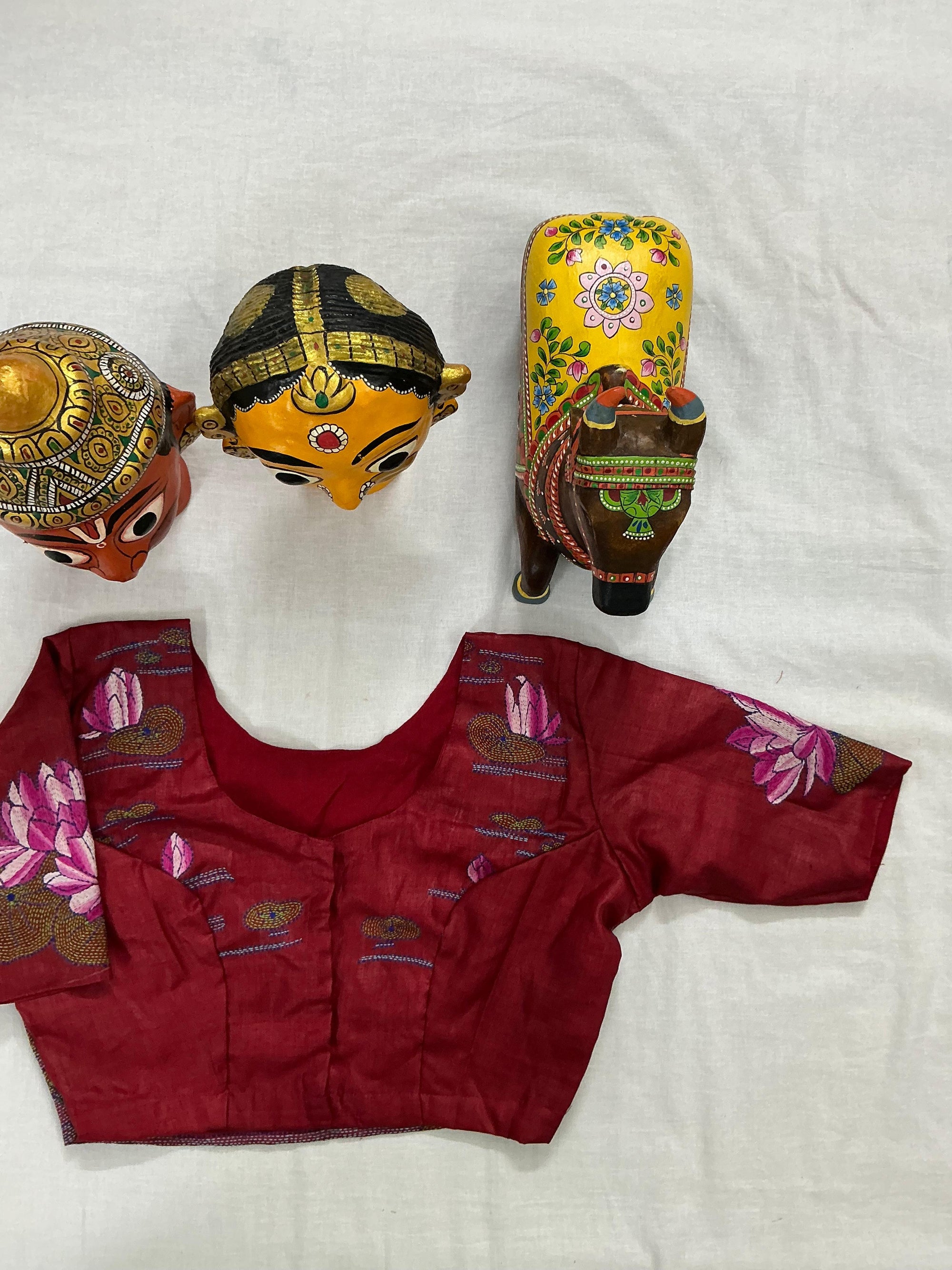 Handcrafted Ready to Wear Blouse : Kantha Embroidery (Pinkish Red)