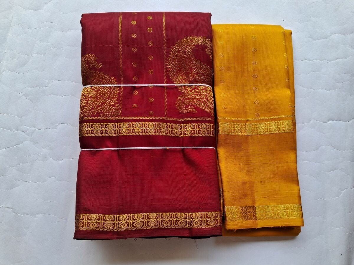 MYTHILI:  A tale of three different weaves (Kanjivaram Silk) WINE MAROON