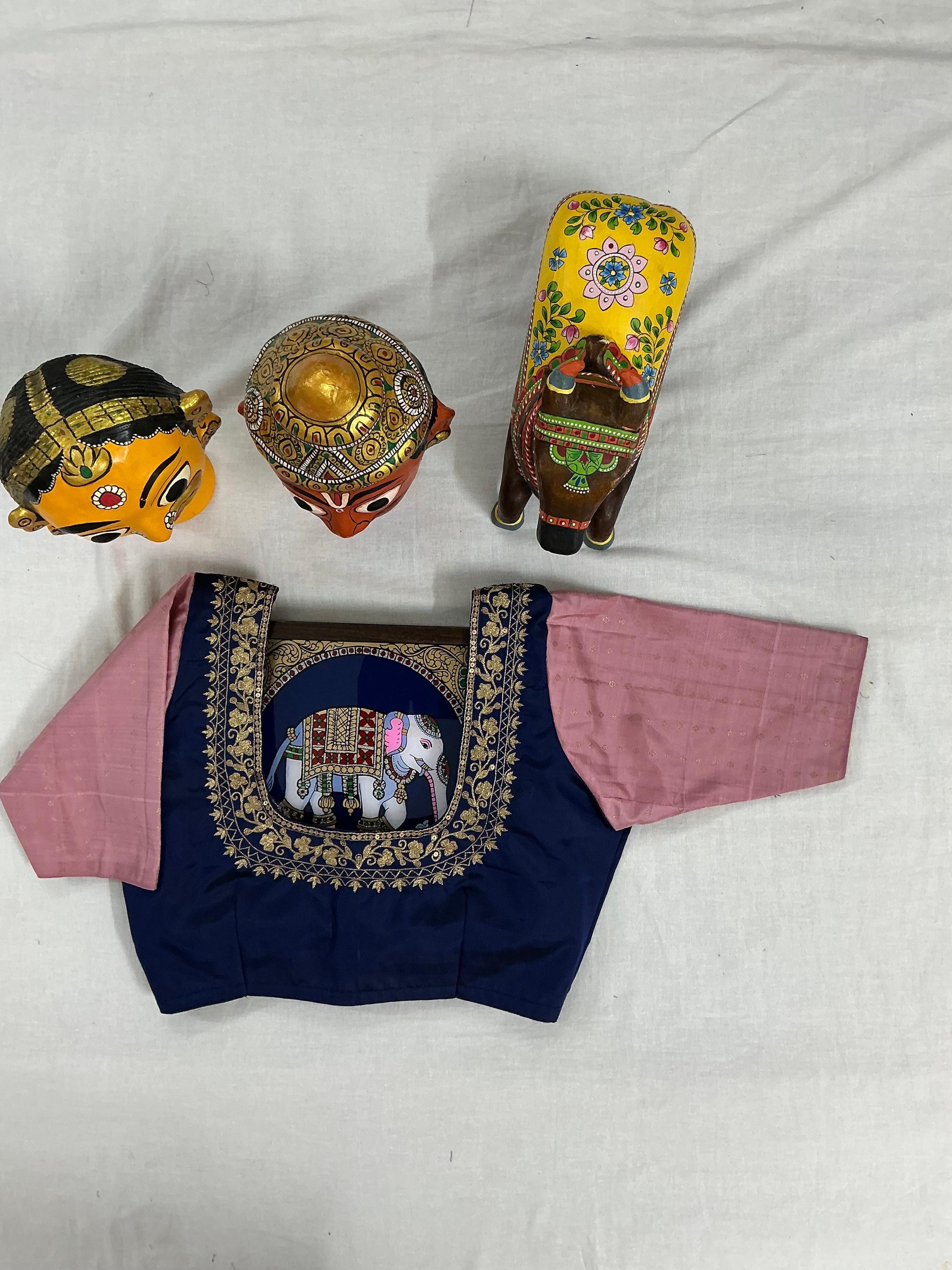 Handcrafted Ready to Wear Blouse : Kanjivaram Silk (Navy Blue &amp; Dusty Pink)