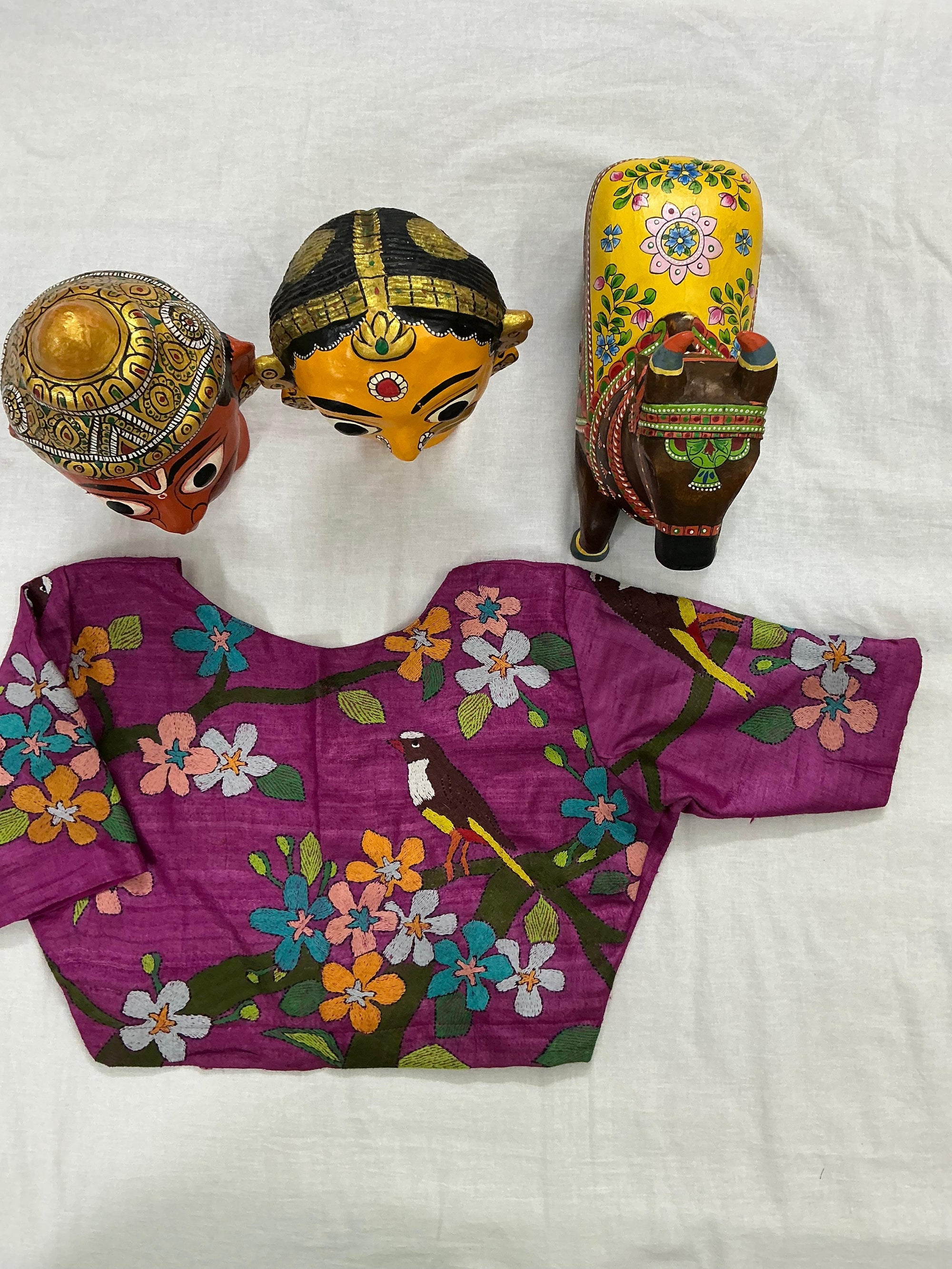 Handcrafted Ready to Wear Blouse : Kantha Embroidery (Pink Purple)