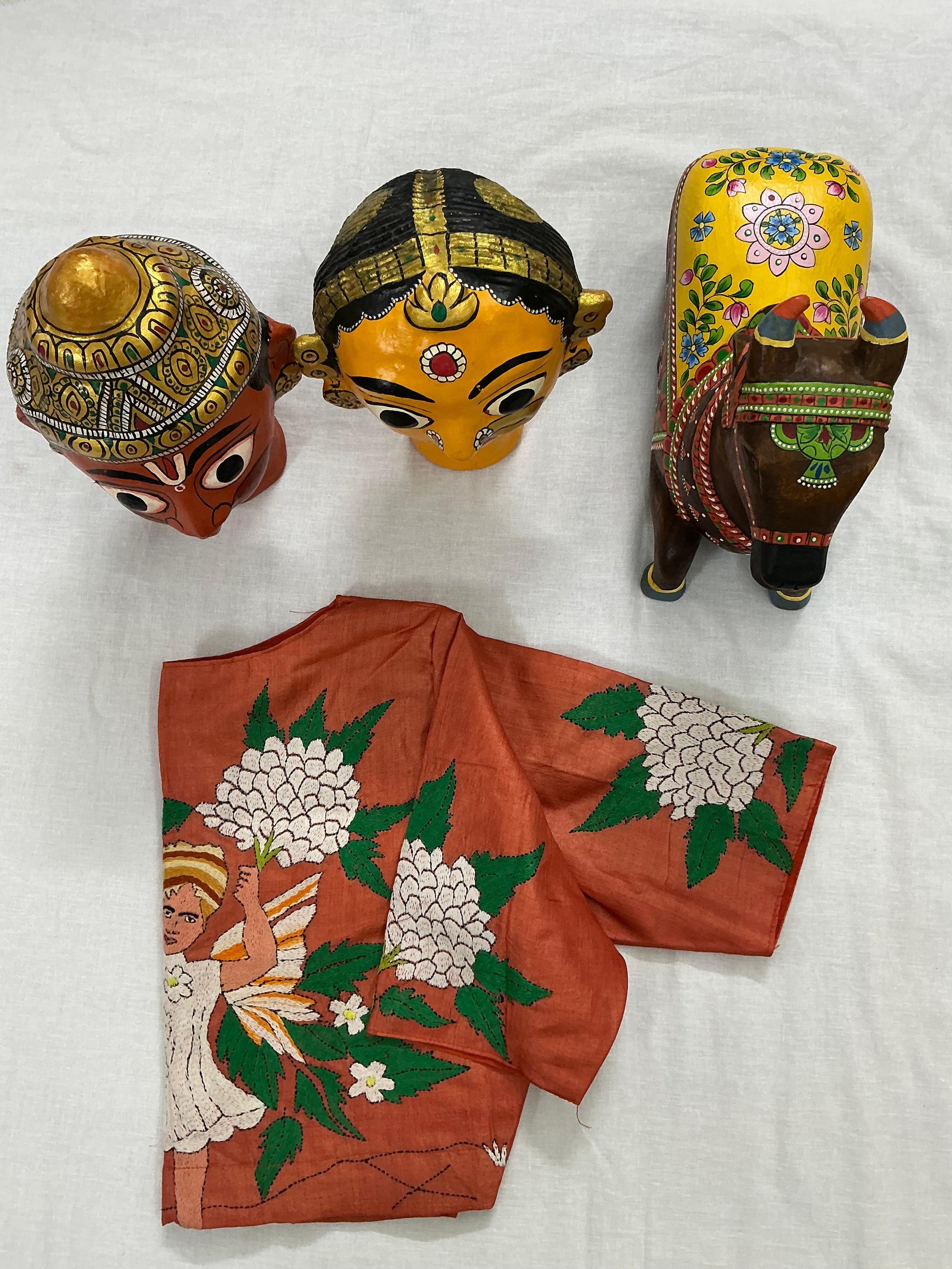 Handcrafted Ready to Wear Blouse : Kantha Embroidery (Orange)`