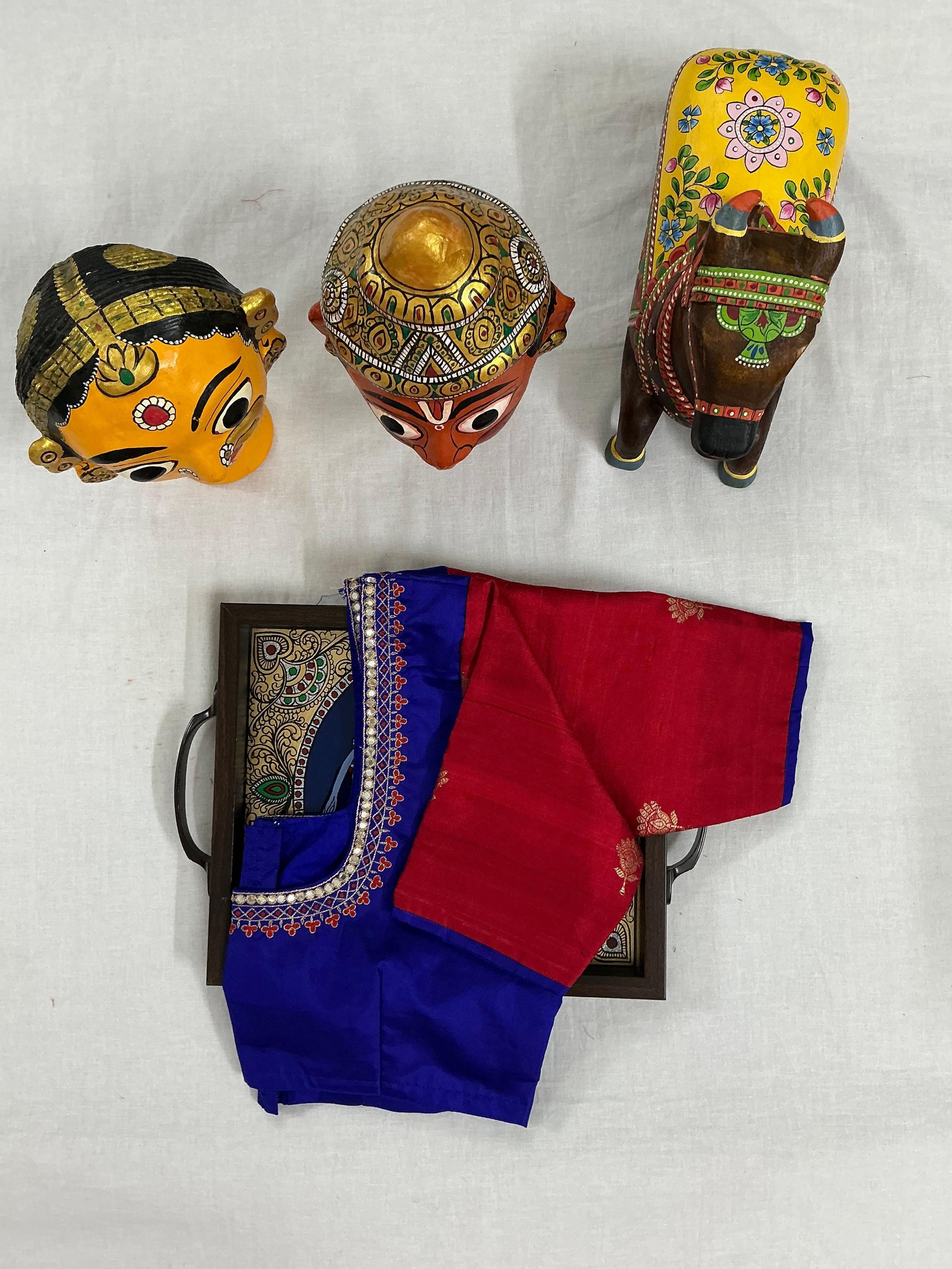 Handcrafted Ready to Wear Blouse : Kanjivaram Silk (MS Blue &amp; Red)