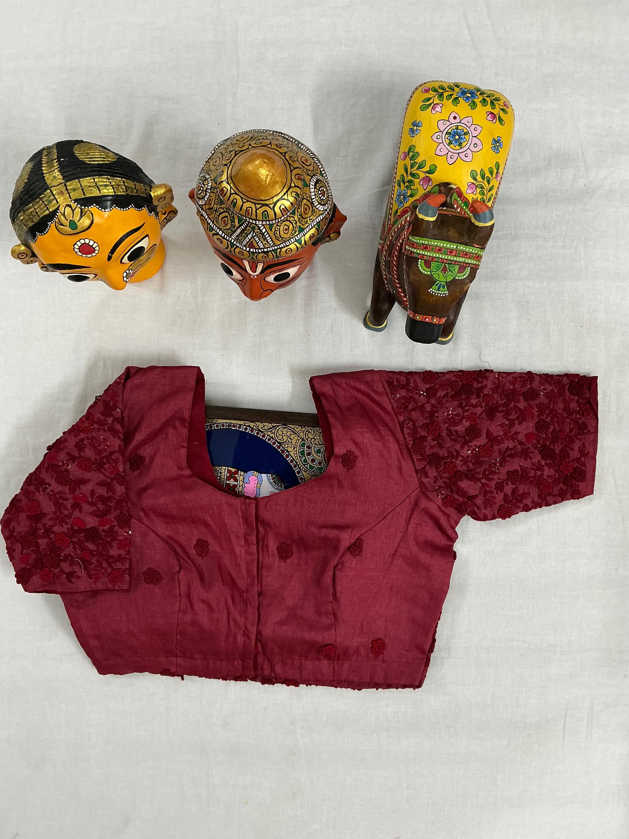 Handcrafted Ready to Wear Blouse : Tussar French Knot Embroidery (Rustish Maroon)