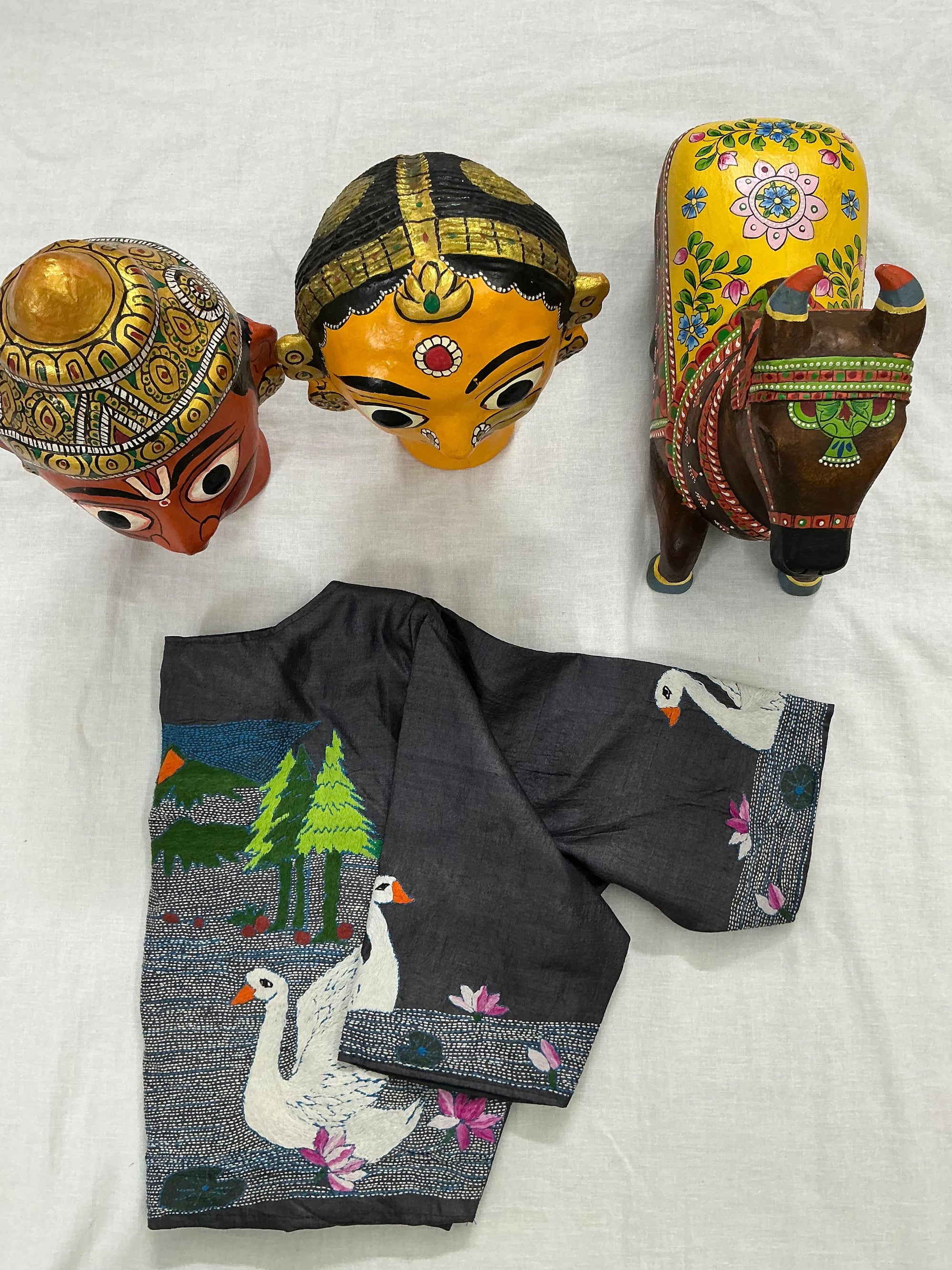 Handcrafted Ready to Wear Blouse : Kantha Embroidery (Charcoal Grey)
