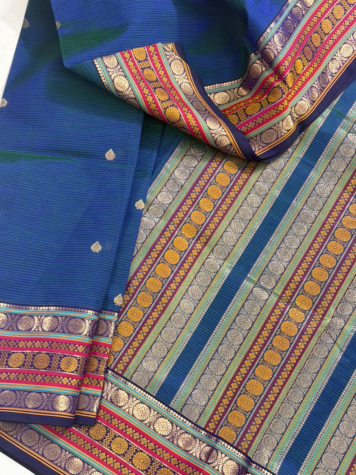 Silk Cotton :  Peacock Blue with Rich border