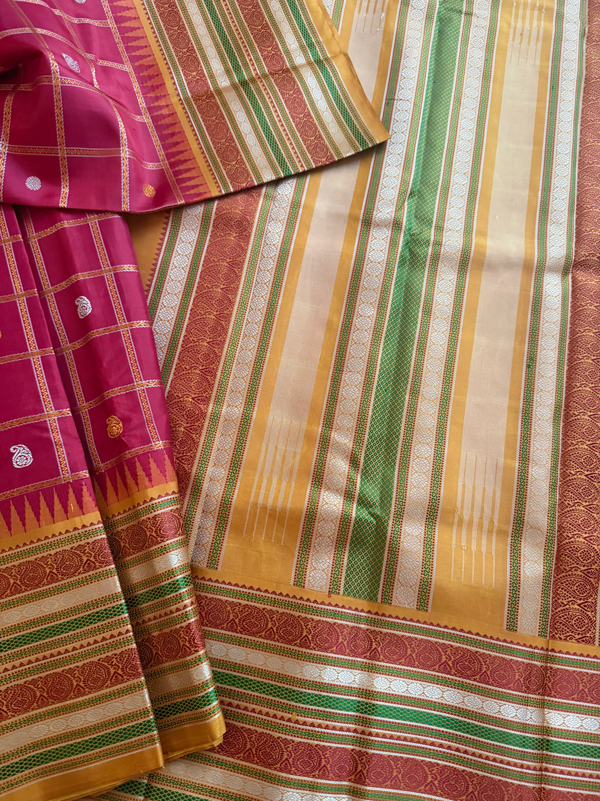 No Zari Kanjivaram Silk :Red  &amp; Mustard