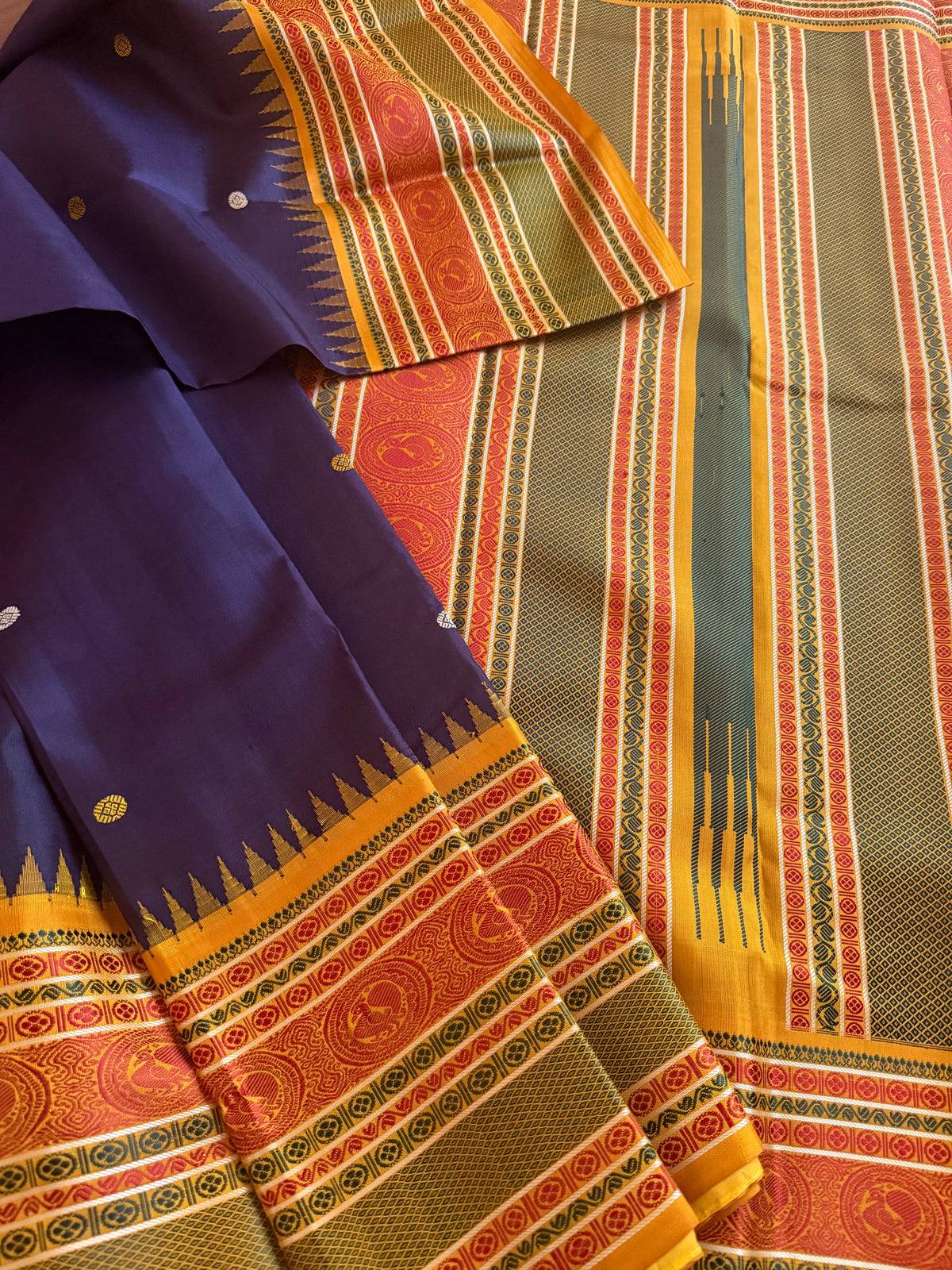 No Zari Kanjivaram Silk : Plum Brown &amp; Mustard