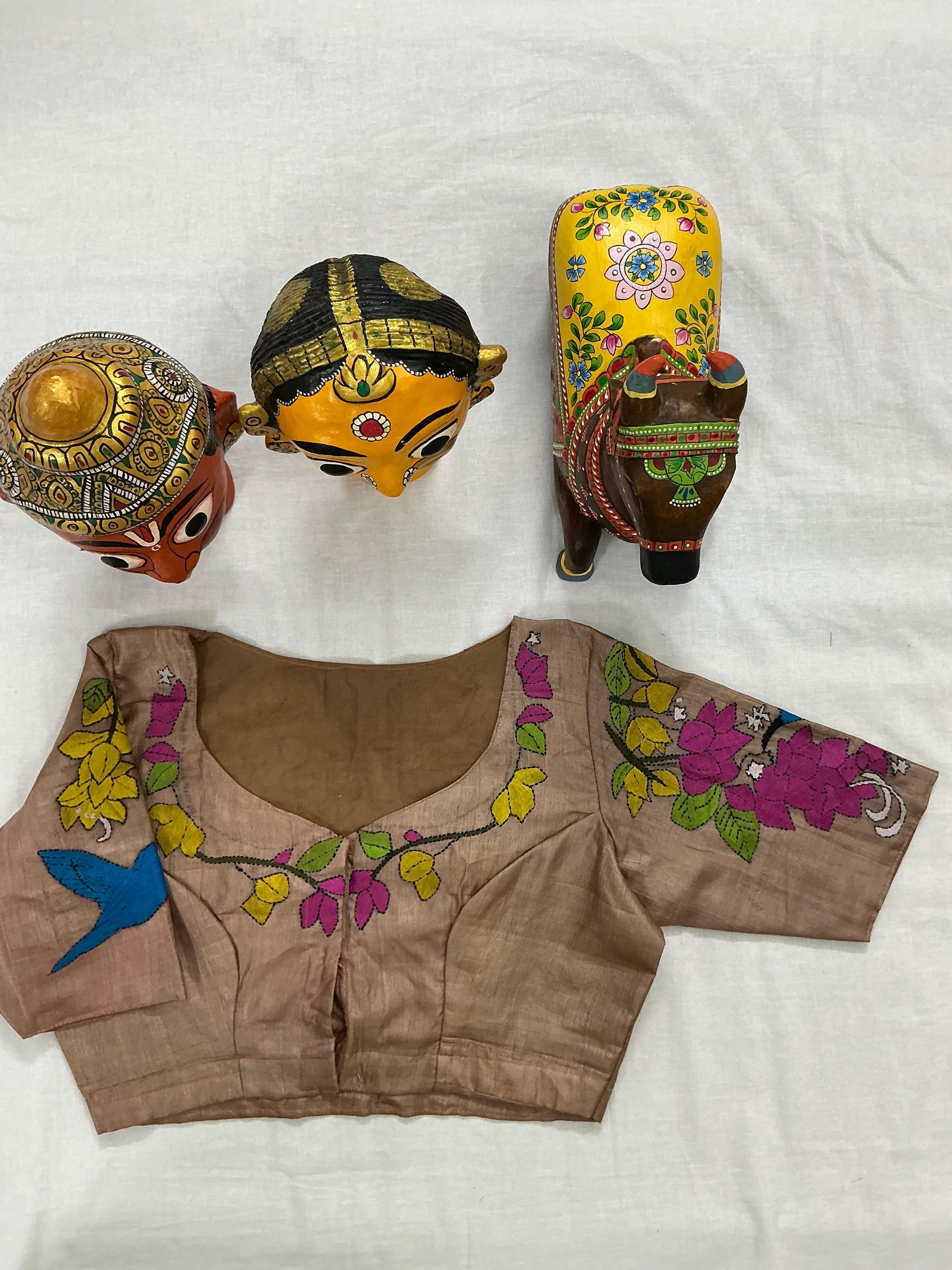 Handcrafted Ready to Wear Blouse : Kantha Embroidery (Sand Brown)