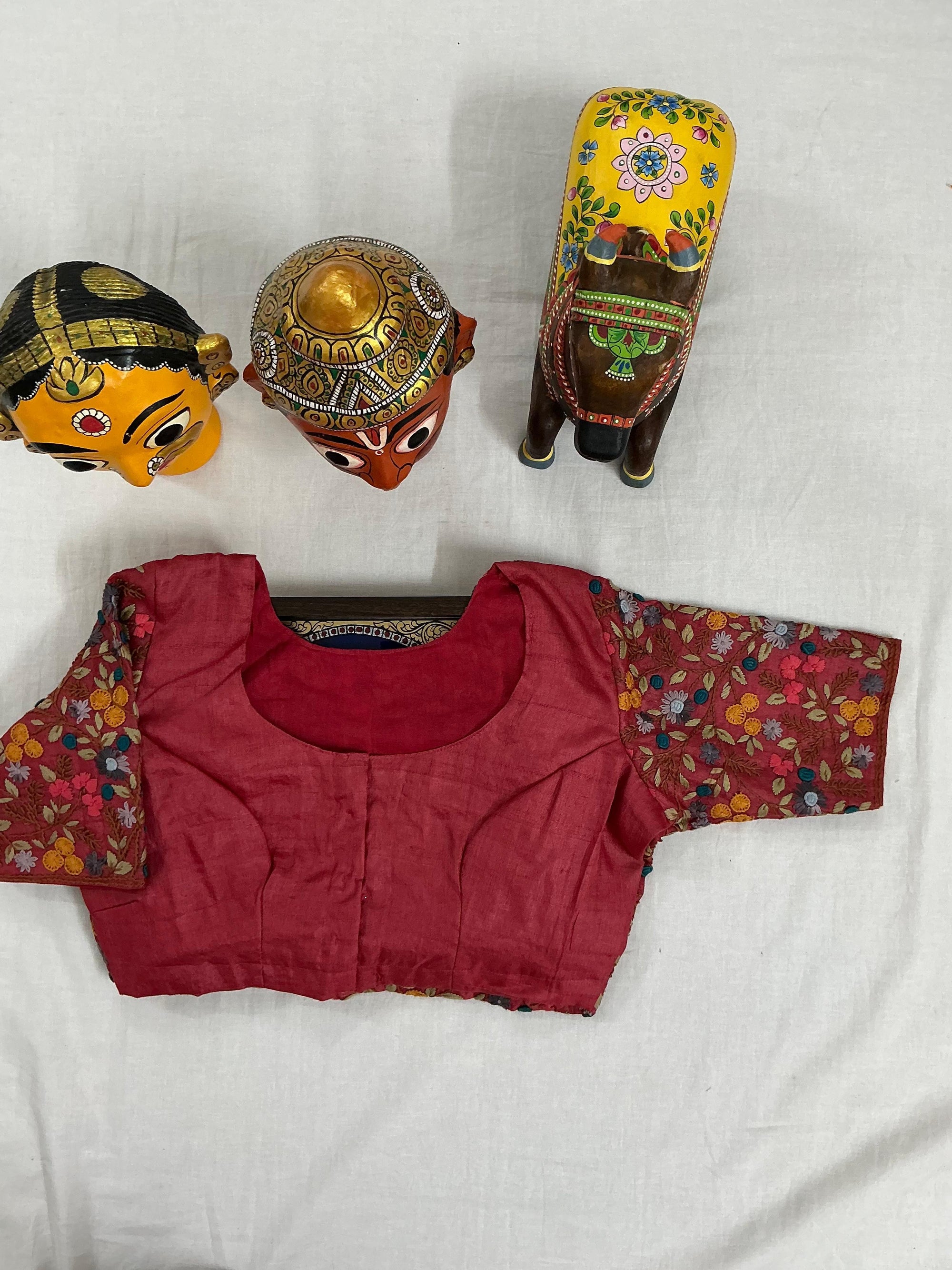 Handcrafted Ready to Wear Blouse : Tussar French Knot Embroidery (Brick Orange)