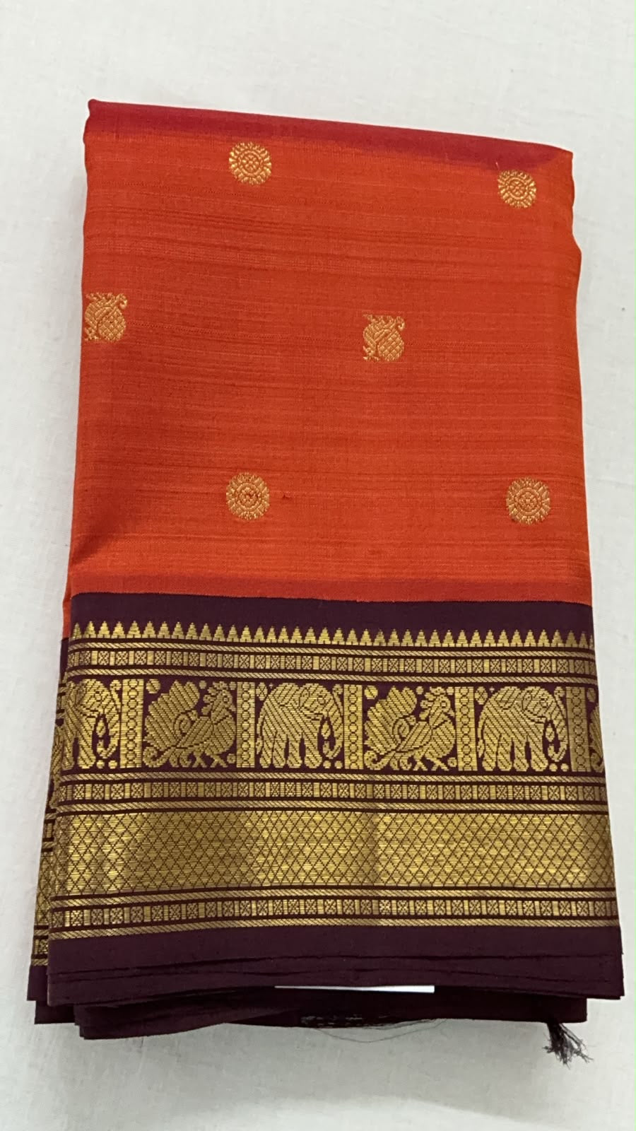 MYTHILI:  KORVAI KANJIVARAM SILK (Rust orange &amp; Nut Brown)