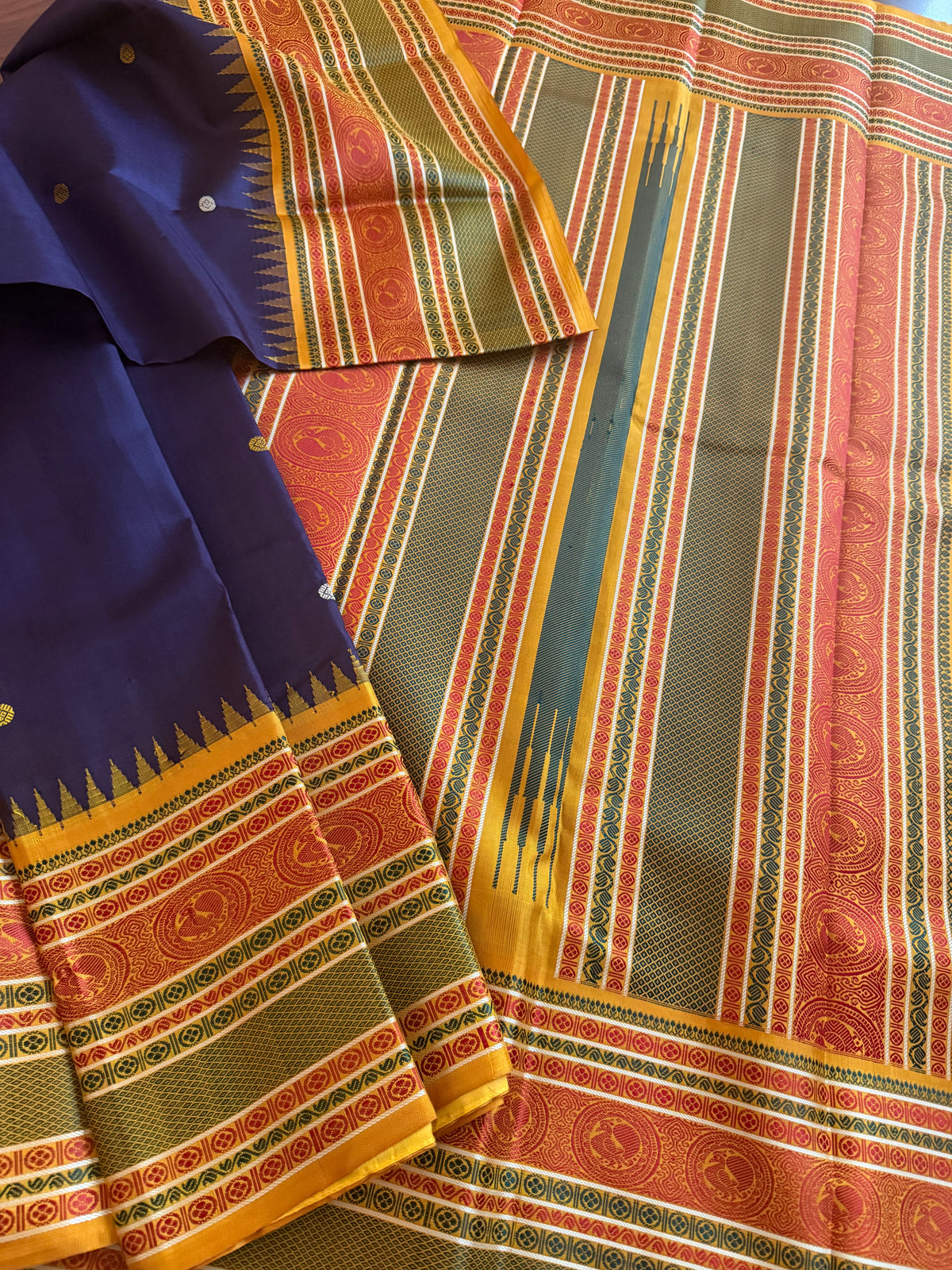 No Zari Kanjivaram Silk : Plum Brown &amp; Mustard