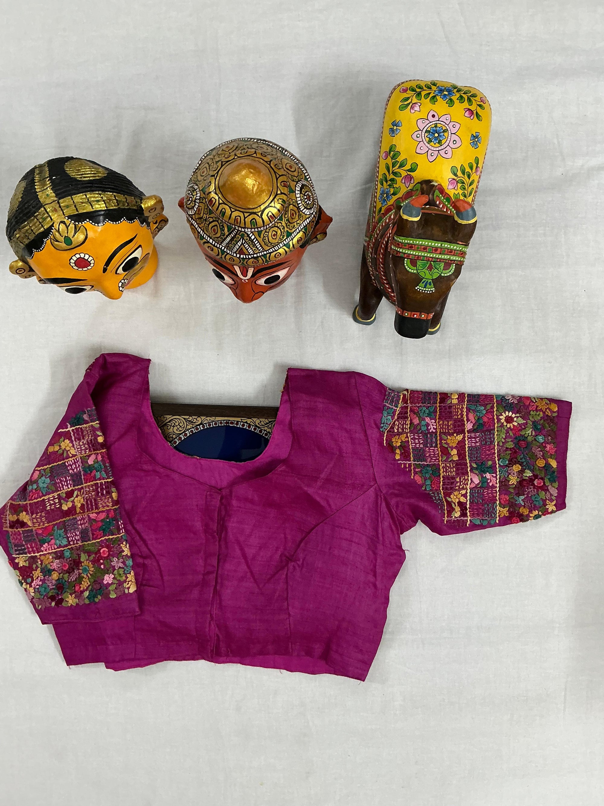 Handcrafted Ready to Wear Blouse : Tussar French Knot Embroidery (Pink Purple)