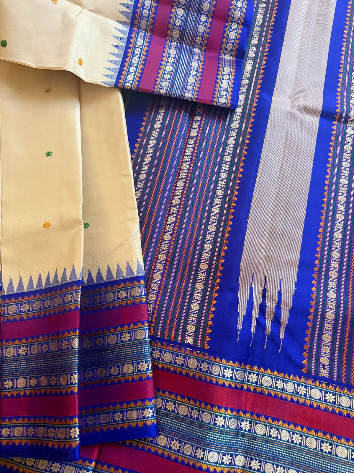 No Zari Kanjivaram Silk : Ivory  &amp; Blue