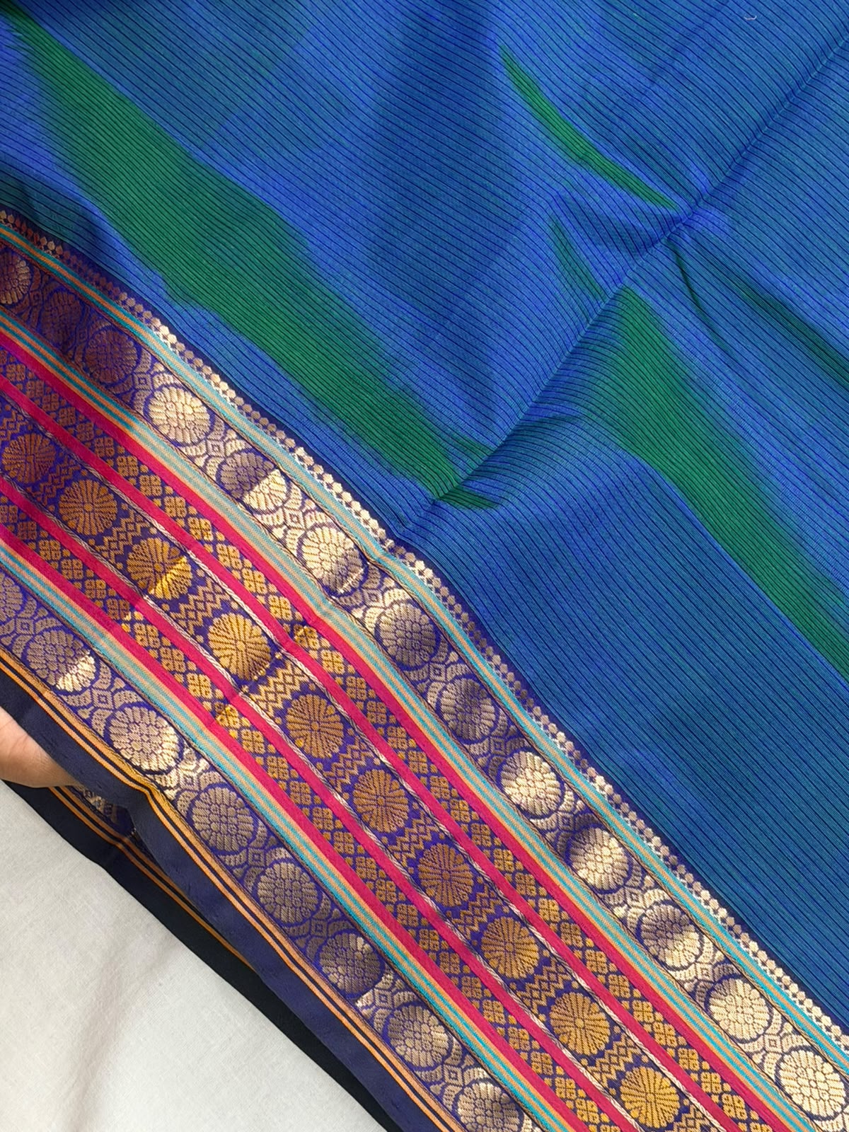 Silk Cotton :  Peacock Blue with Rich border