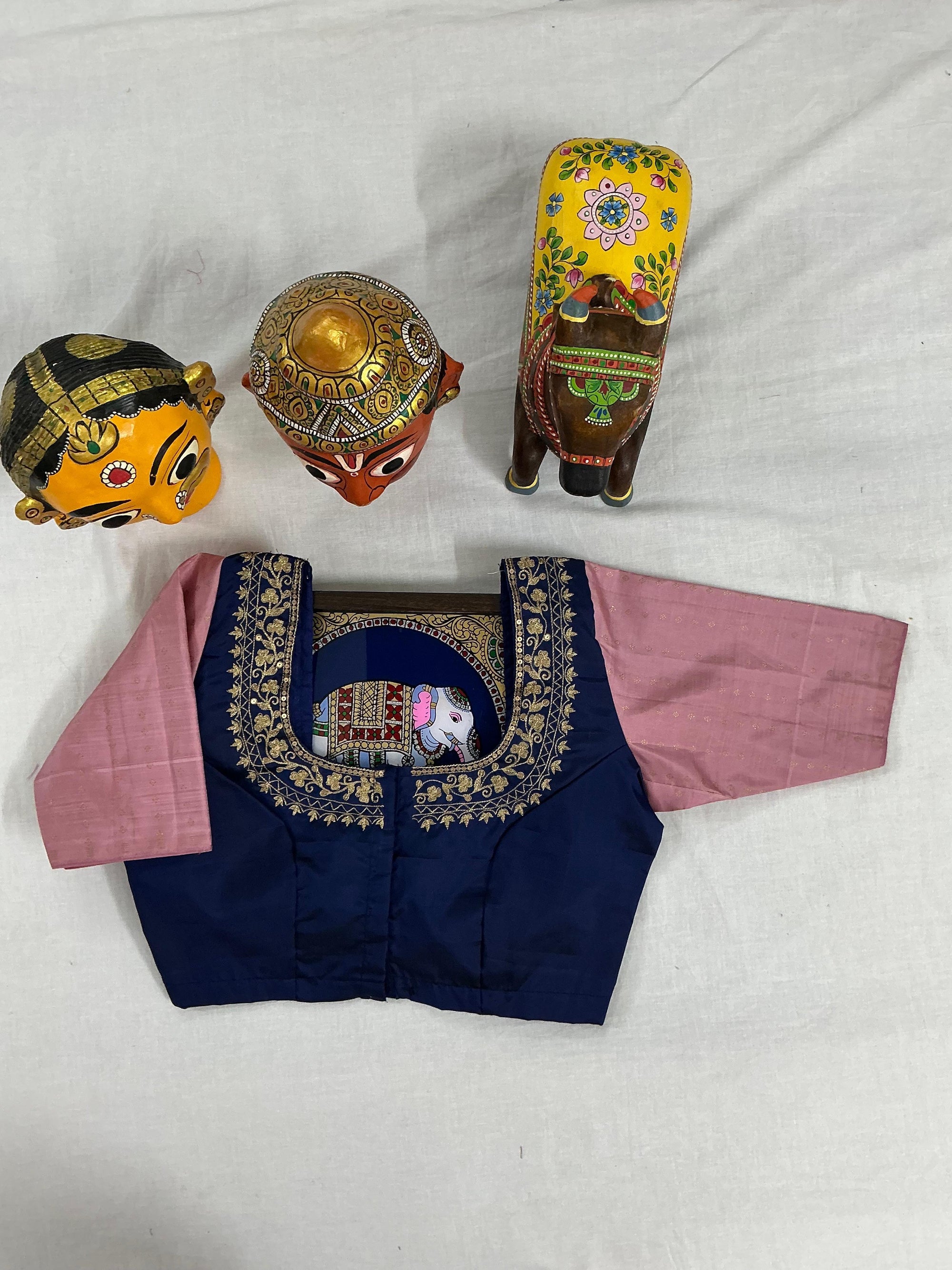Handcrafted Ready to Wear Blouse : Kanjivaram Silk (Navy Blue &amp; Dusty Pink)
