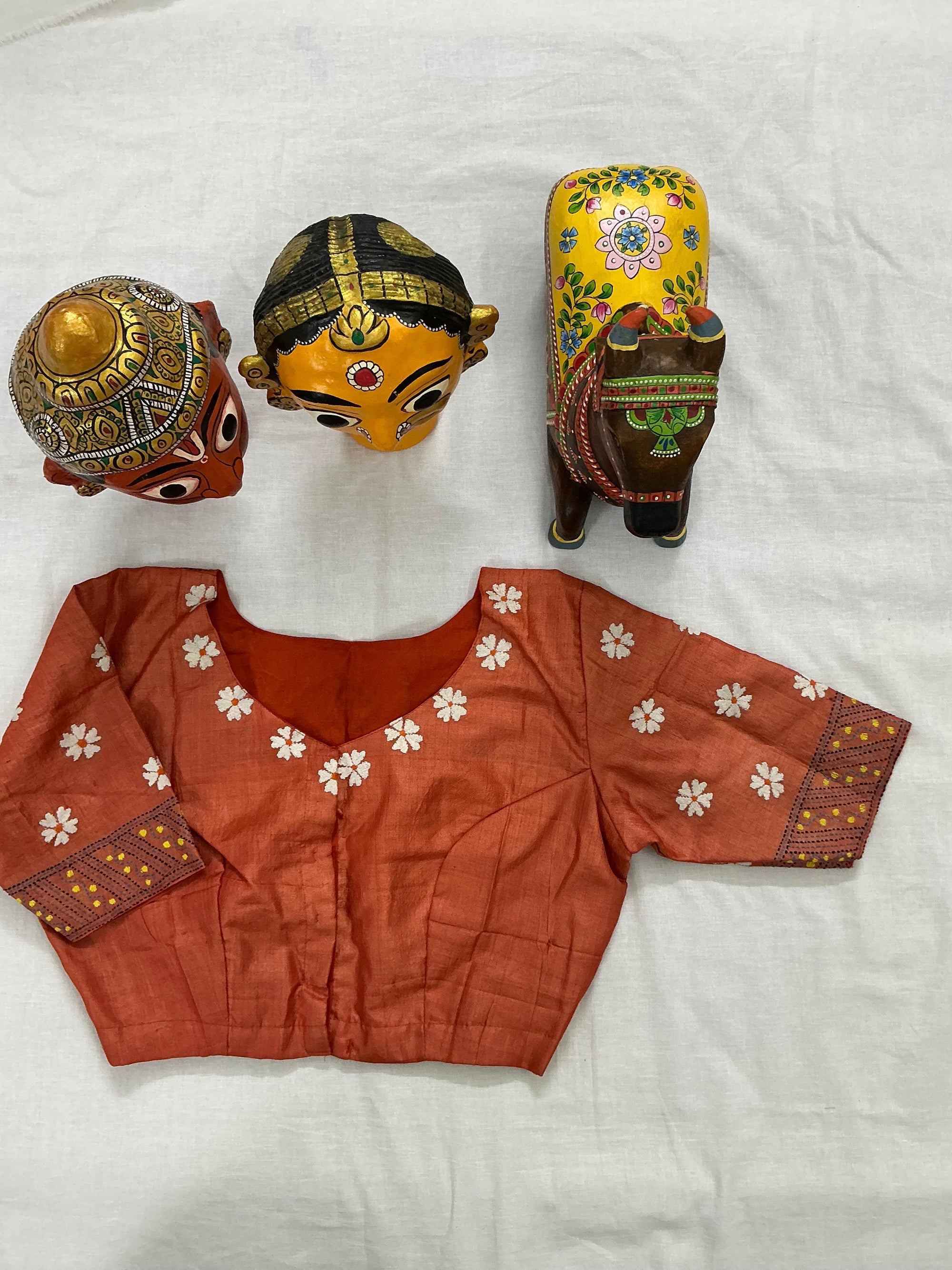 Handcrafted Ready to Wear Blouse : Kantha Embroidery (Rust Orange)