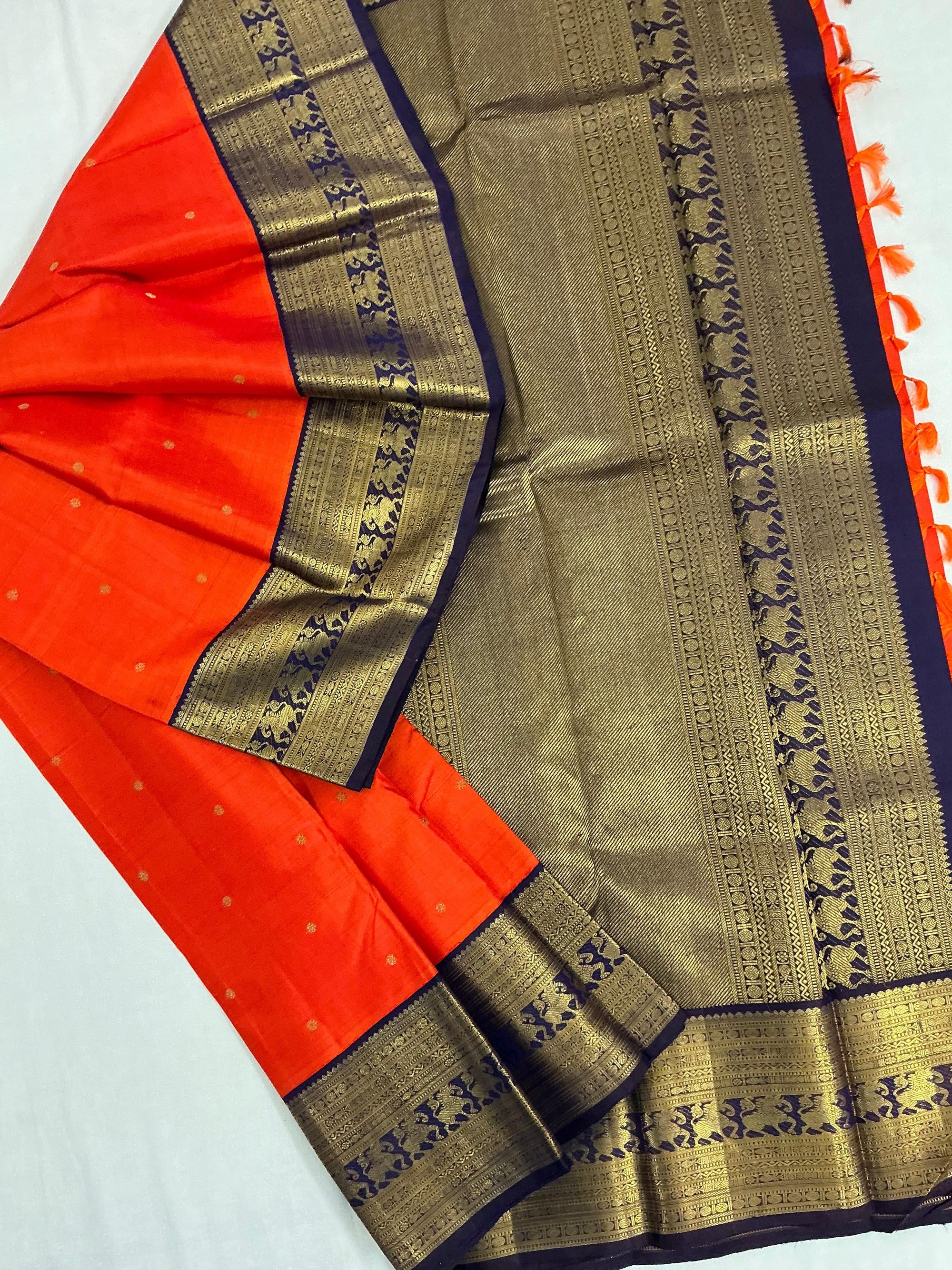 MYTHILI:  Vintage Inspired Kanjivarams (Fanta Orange + Navy Blue)