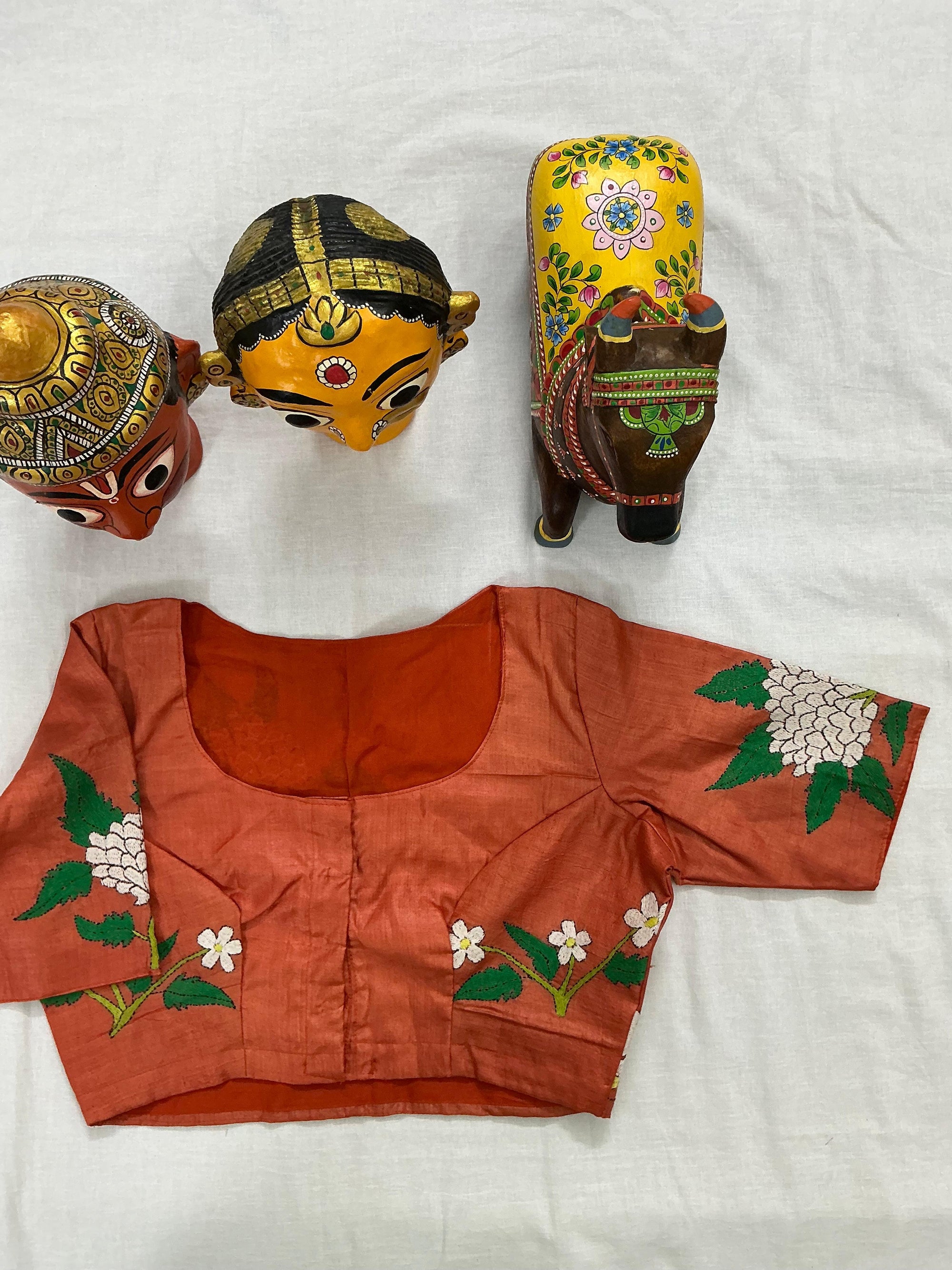 Handcrafted Ready to Wear Blouse : Kantha Embroidery (Orange)`