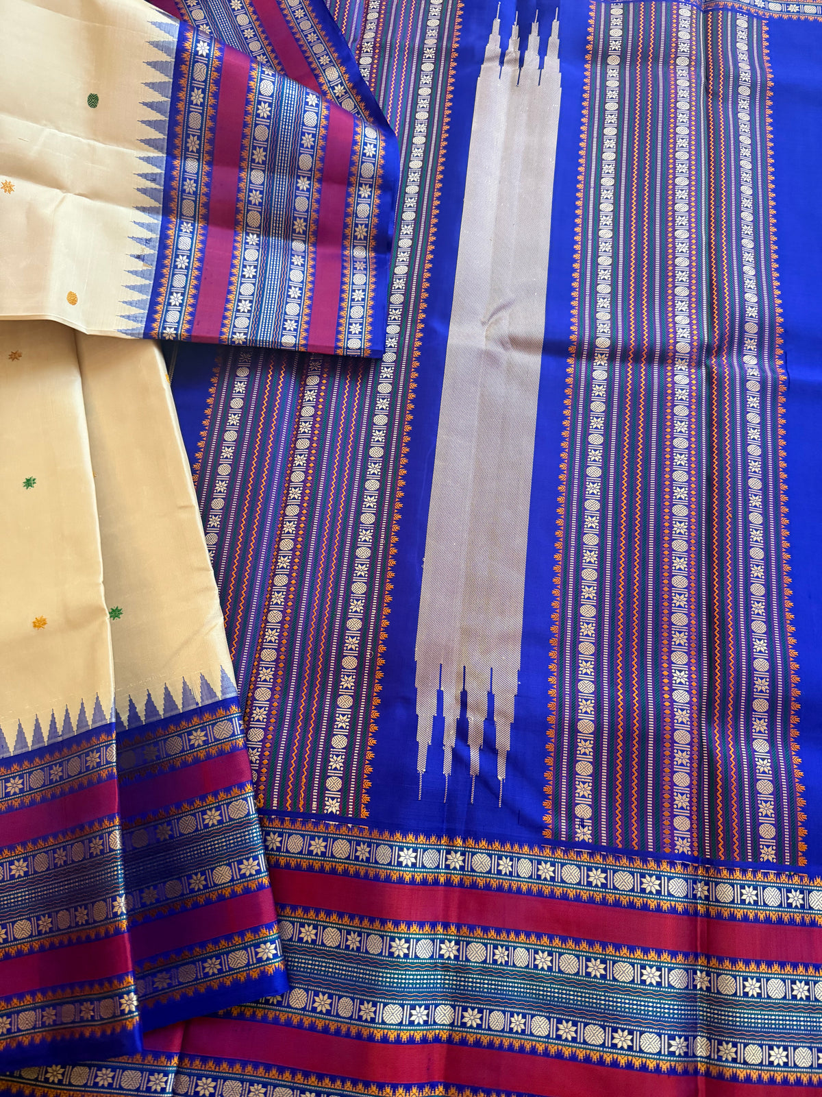 No Zari Kanjivaram Silk : Ivory  &amp; Blue