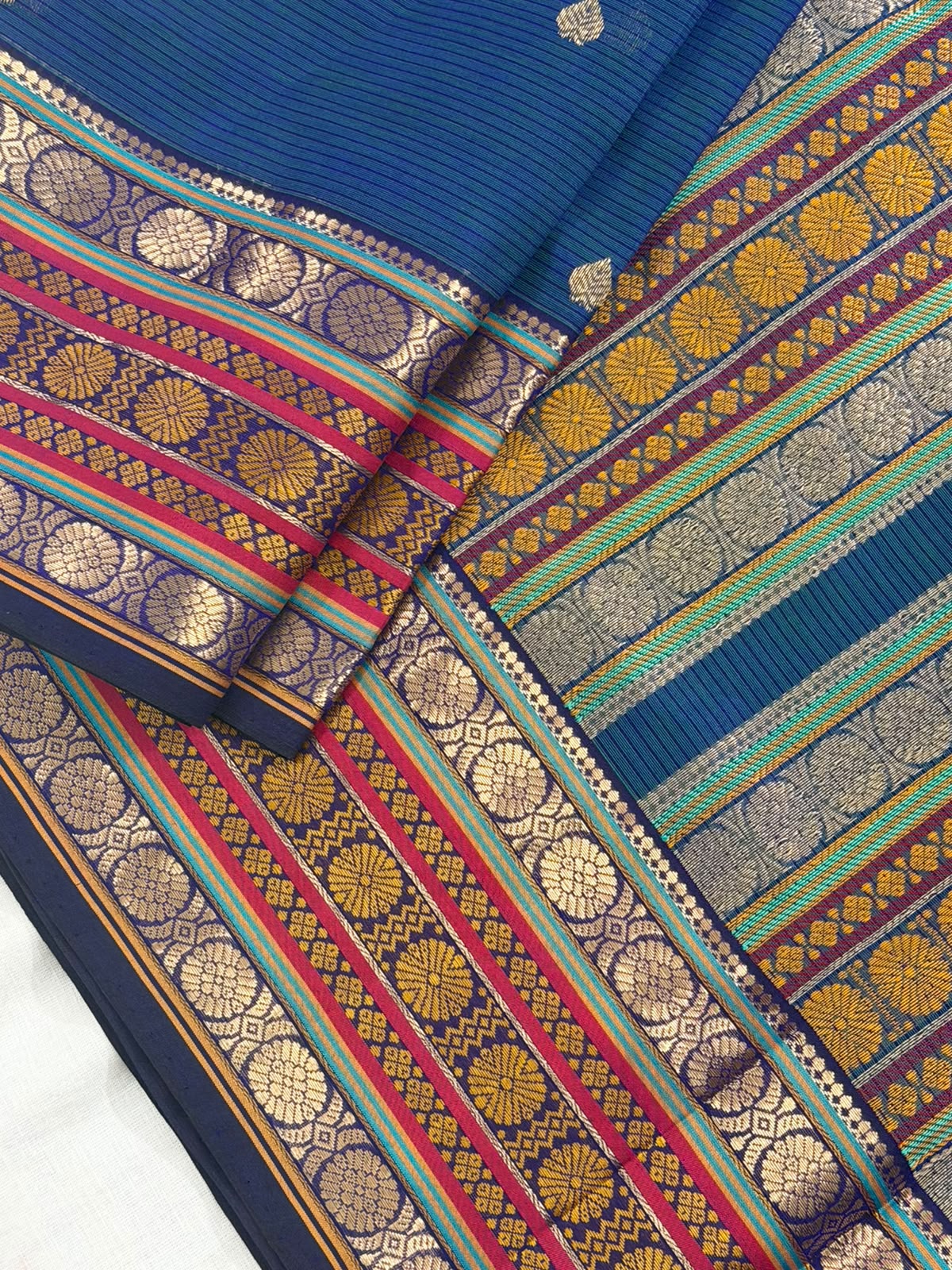 Silk Cotton :  Peacock Blue with Rich border