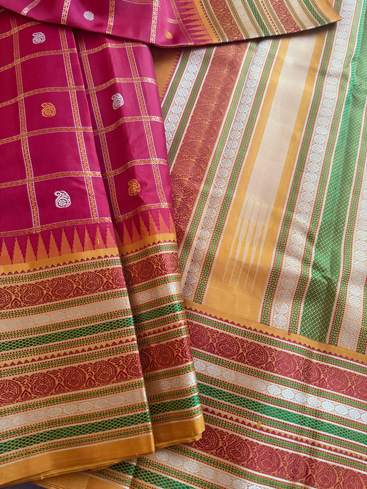 No Zari Kanjivaram Silk :Red  &amp; Mustard