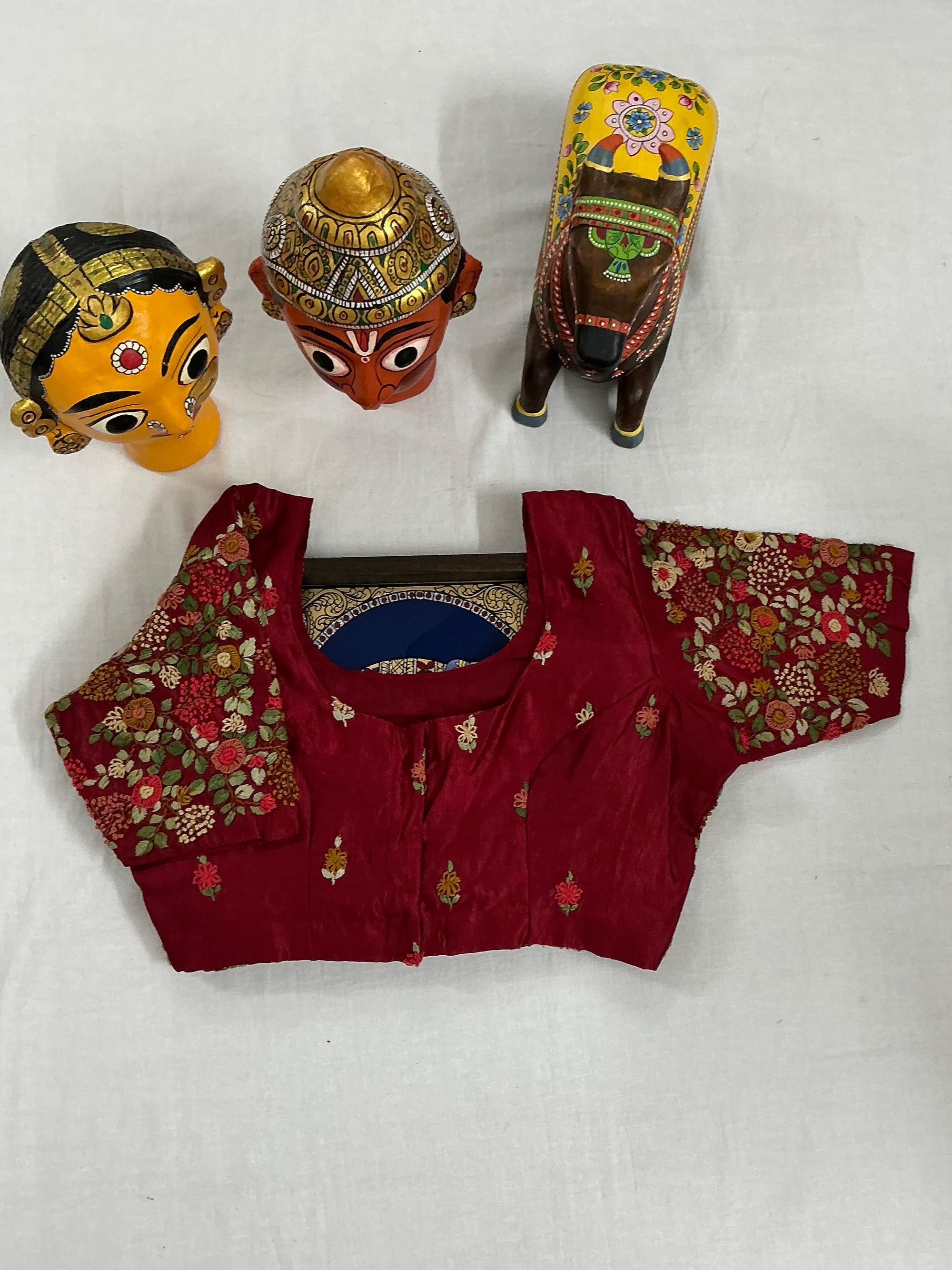 Handcrafted Ready to Wear Blouse : Tussar French Knot Embroidery (Reddish Rust)