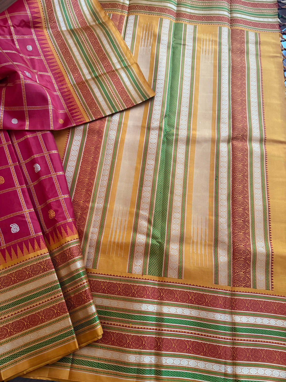 No Zari Kanjivaram Silk :Red  &amp; Mustard