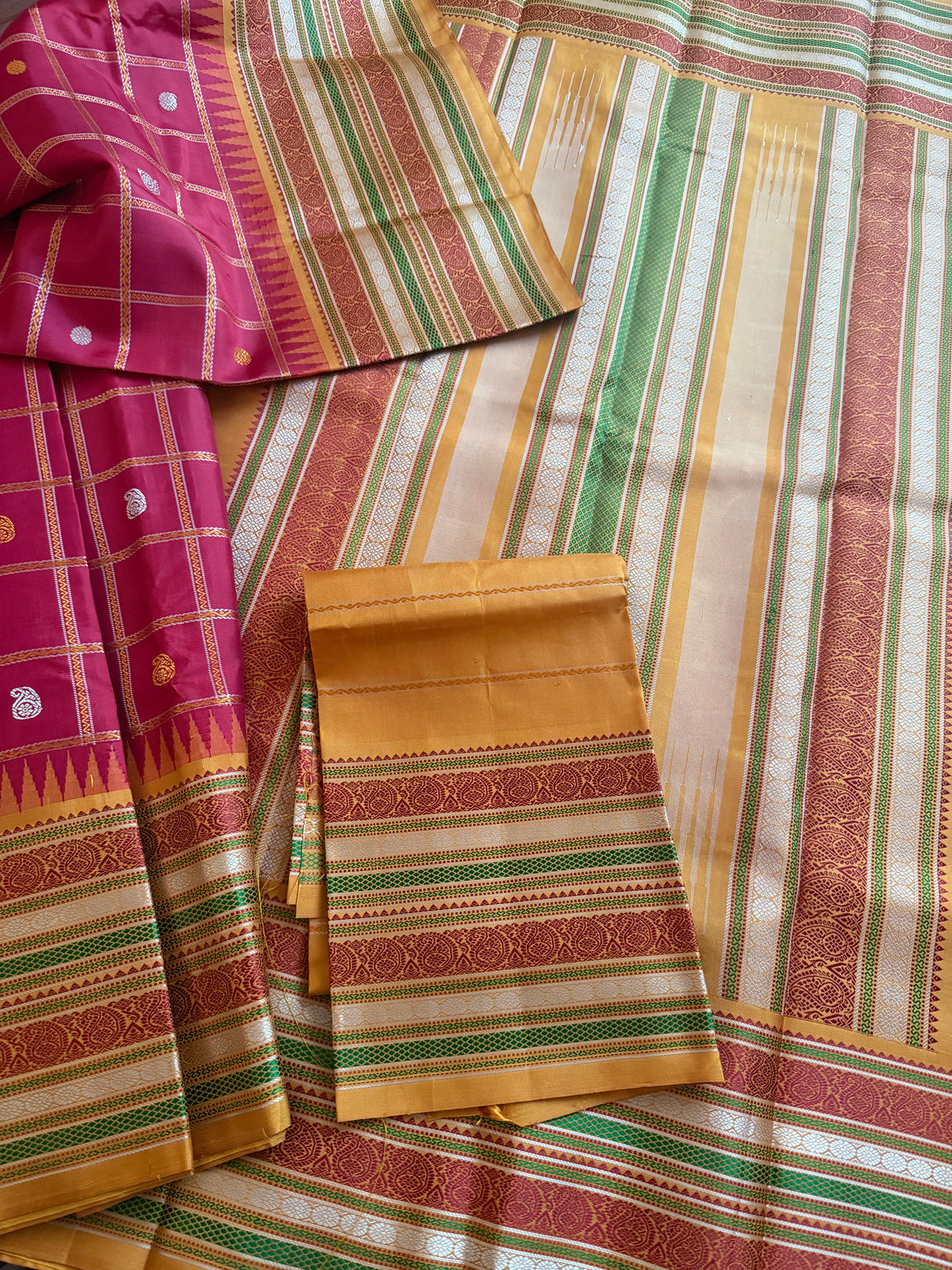 No Zari Kanjivaram Silk :Red  &amp; Mustard