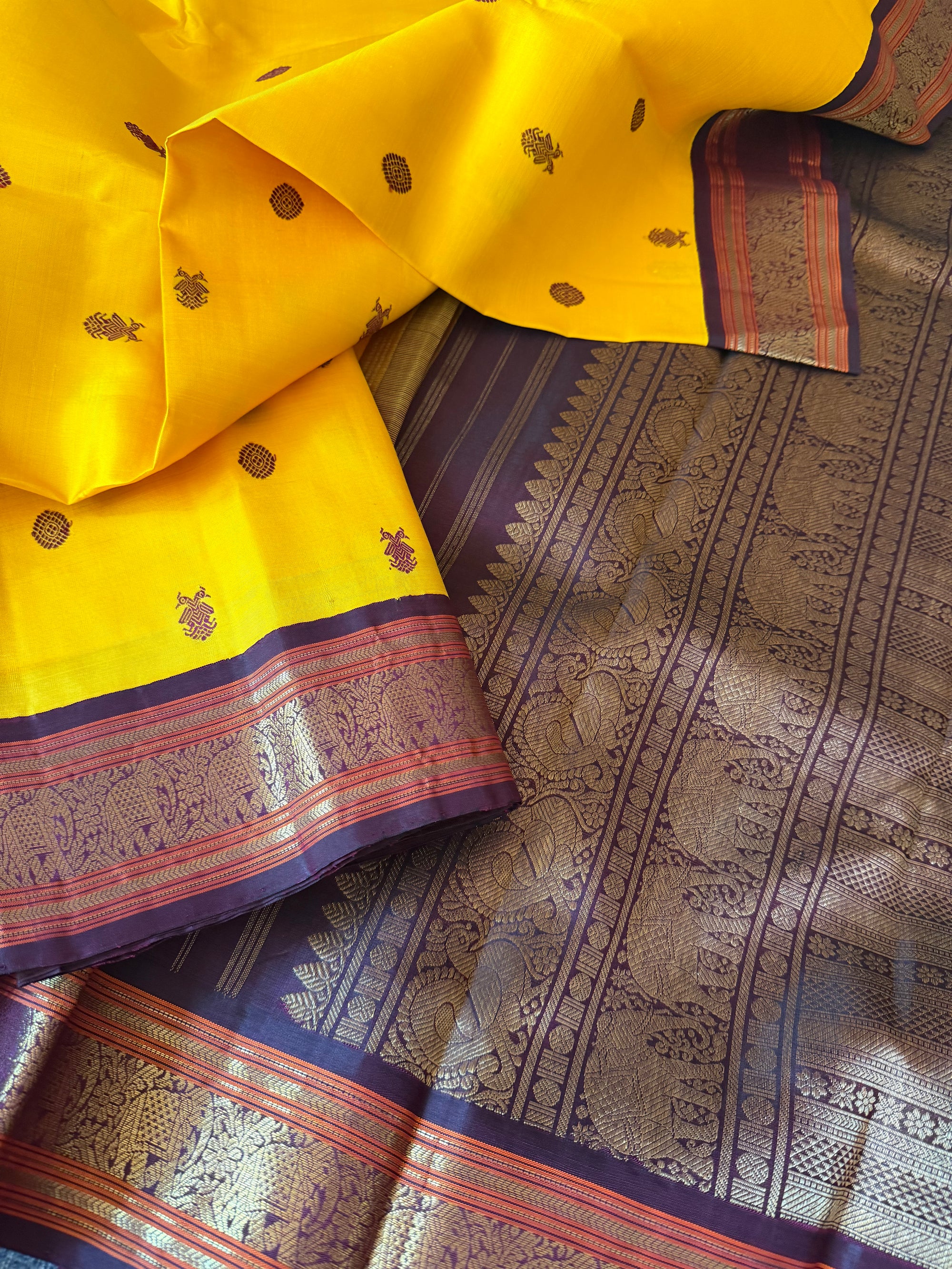 MYTHILI:  SILKEN MOTIFS (Yellow + Nut Brown)