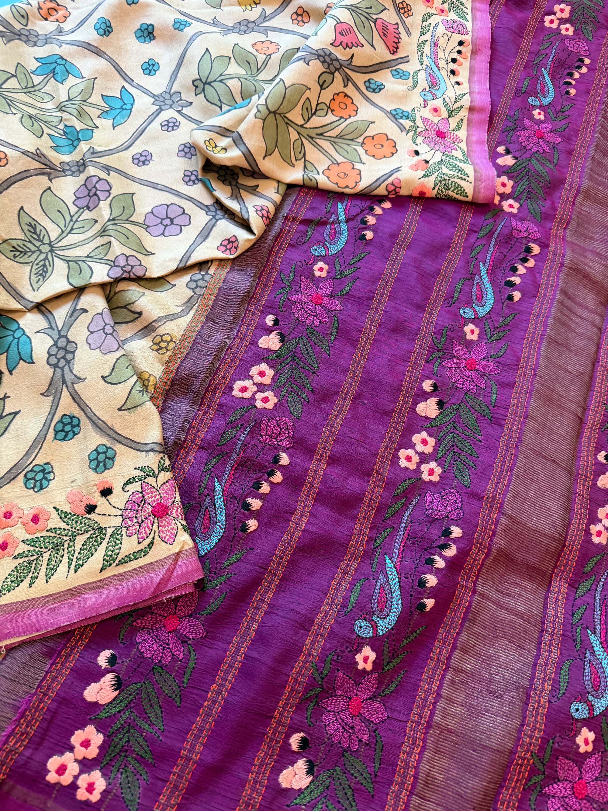 VRIKSHA: Pen Kalamkari and French knot on Kanjivaram