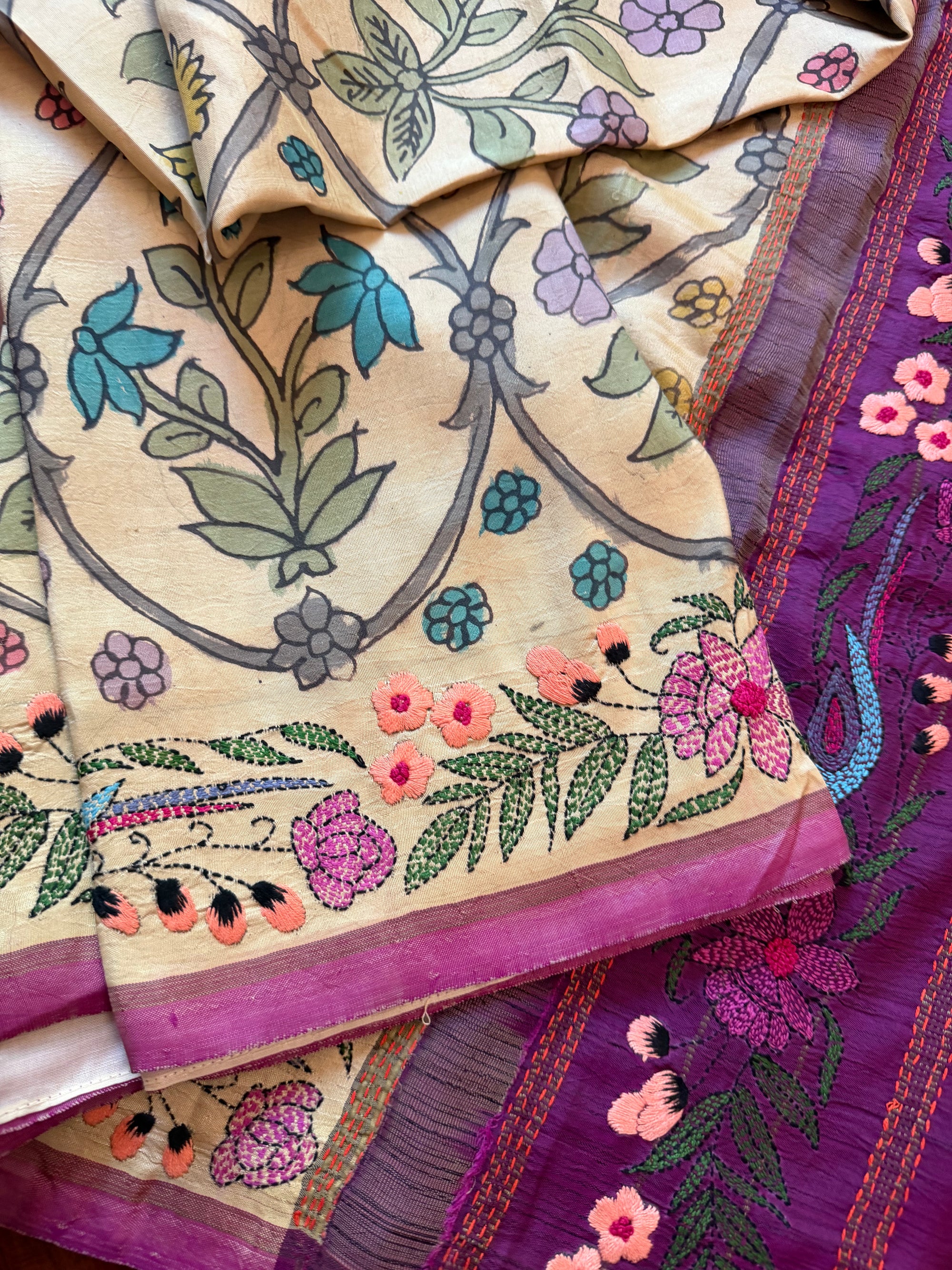 VRIKSHA: Pen Kalamkari and French knot on Kanjivaram