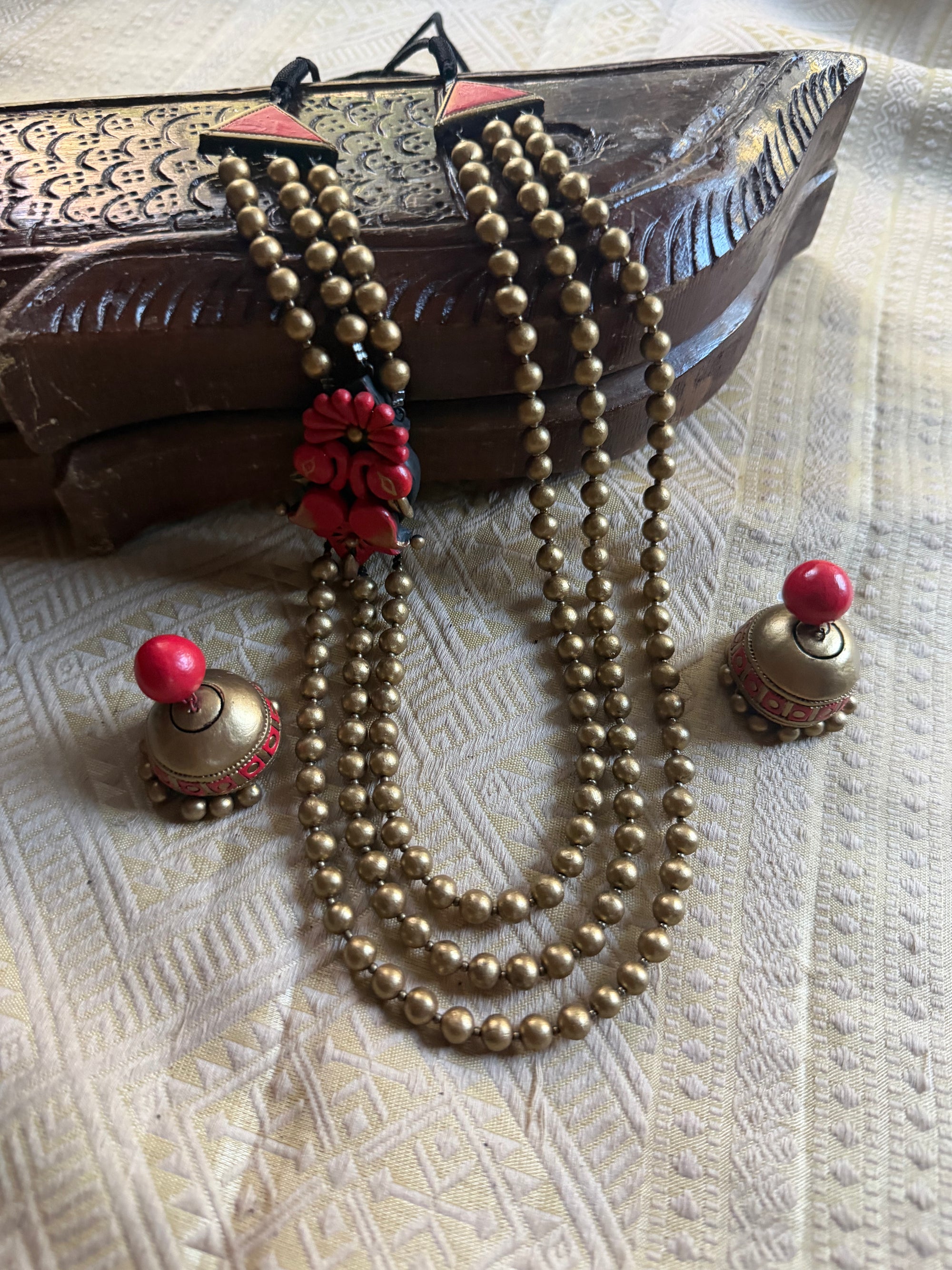 Terracotta Jewelry : Triple  Layered Gold beads with Floral mogappu