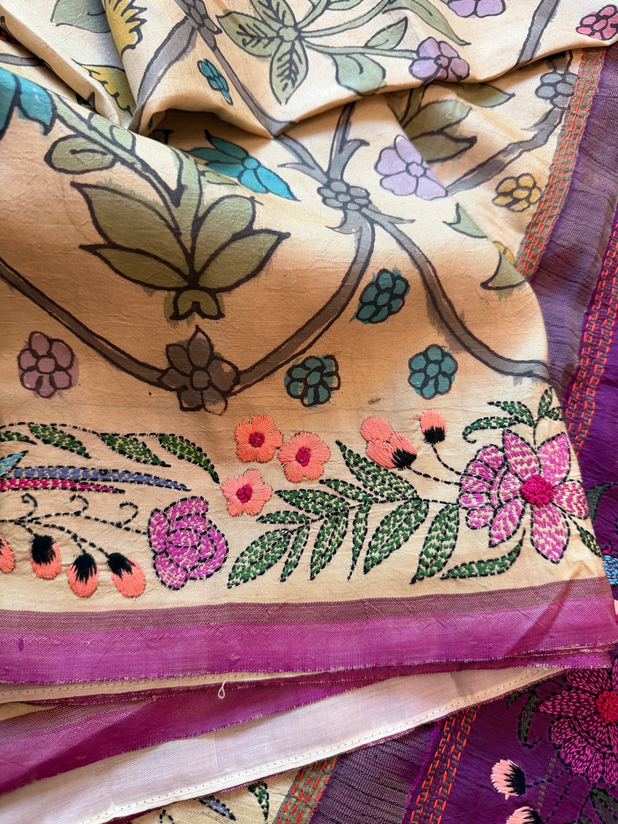 VRIKSHA: Pen Kalamkari and French knot on Kanjivaram