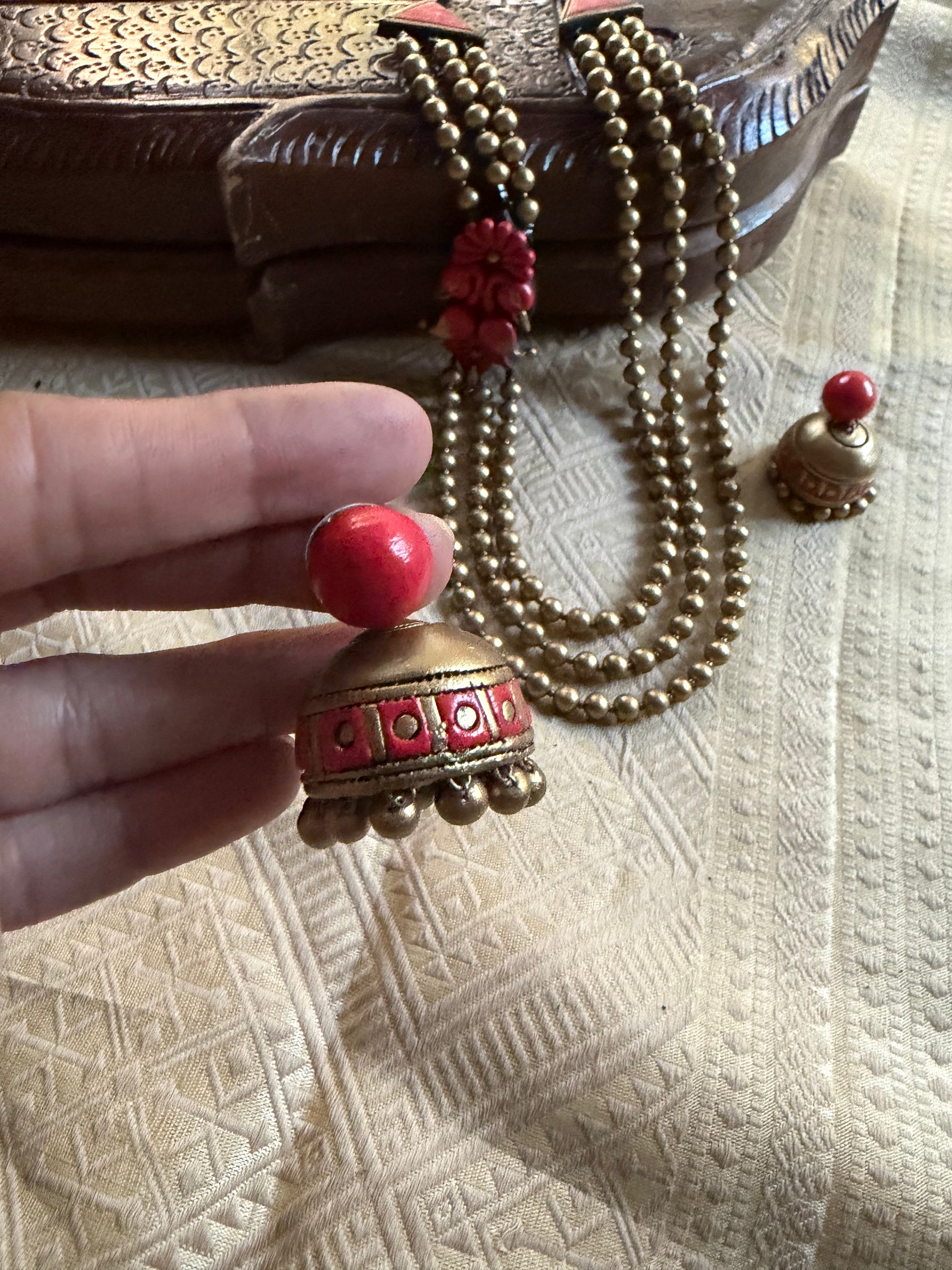 Terracotta Jewelry : Triple  Layered Gold beads with Floral mogappu