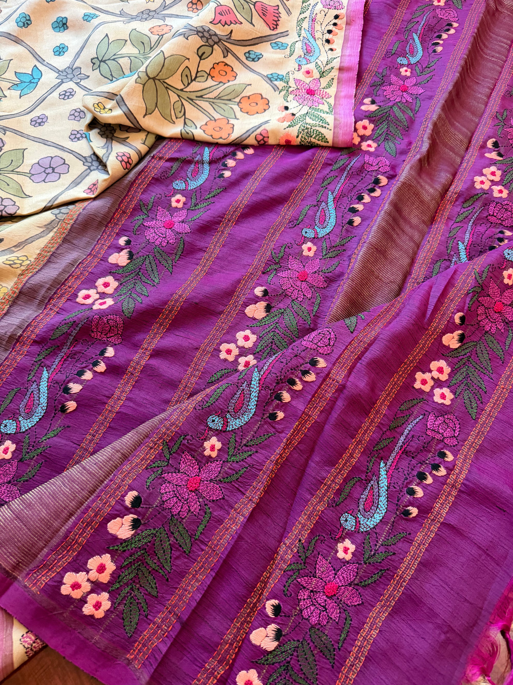 VRIKSHA: Pen Kalamkari and French knot on Kanjivaram