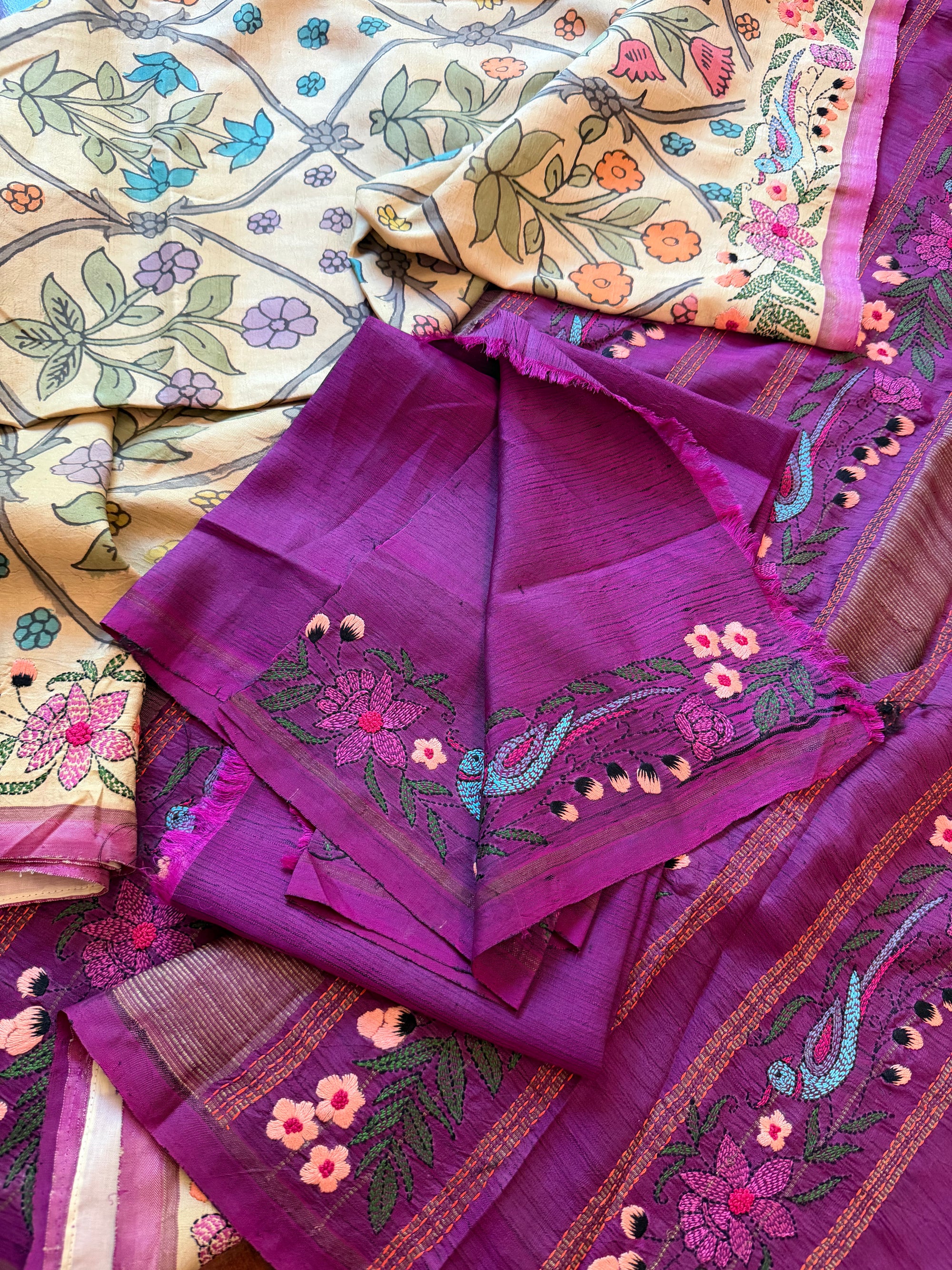 VRIKSHA: Pen Kalamkari and French knot on Kanjivaram