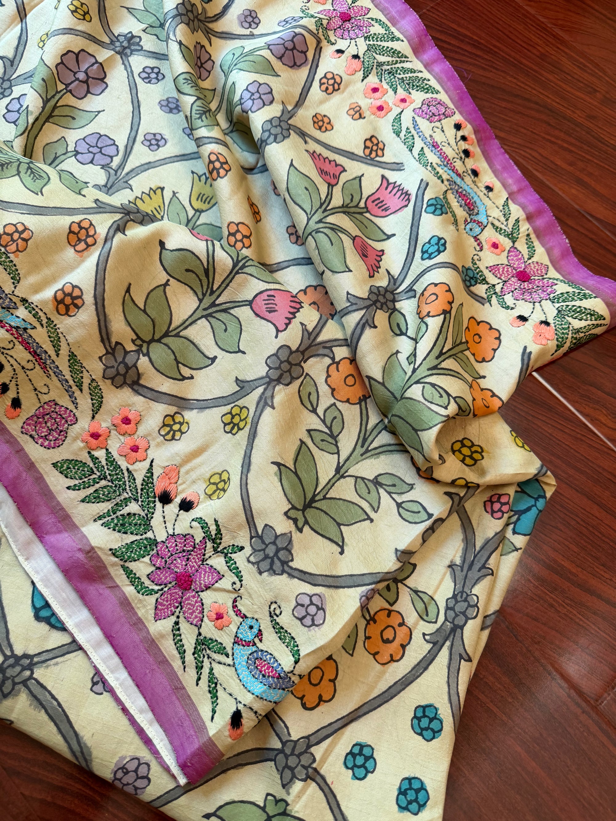 VRIKSHA: Pen Kalamkari and French knot on Kanjivaram