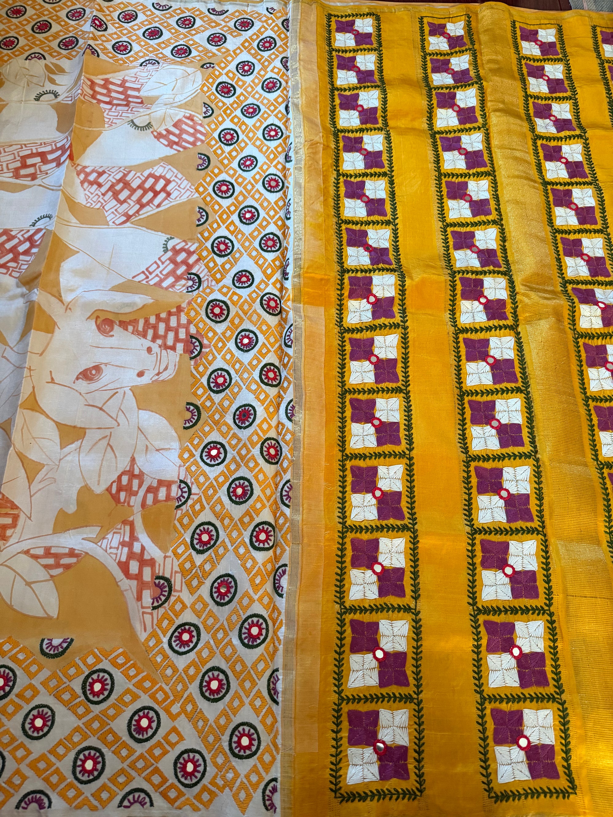VRIKSHA: Abstract handpainting &amp; Phulkari on Kanjivaram Silk