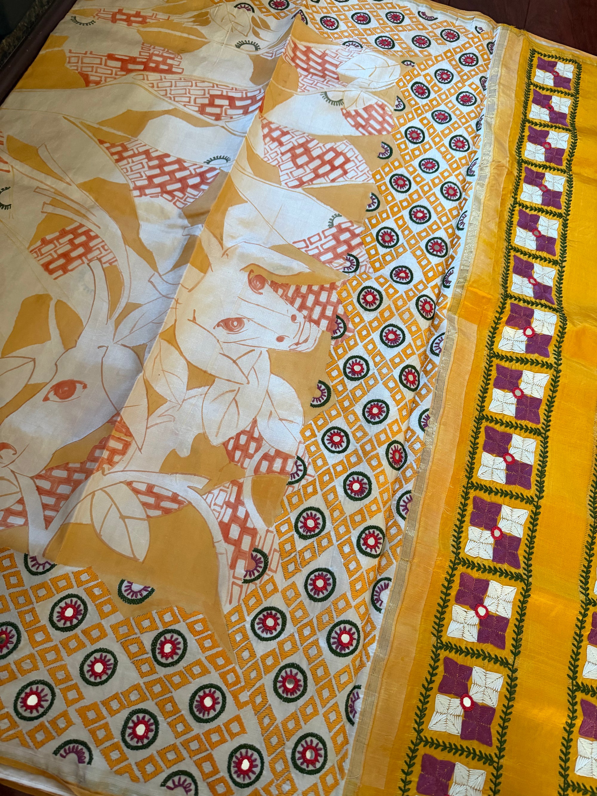 VRIKSHA: Abstract handpainting &amp; Phulkari on Kanjivaram Silk