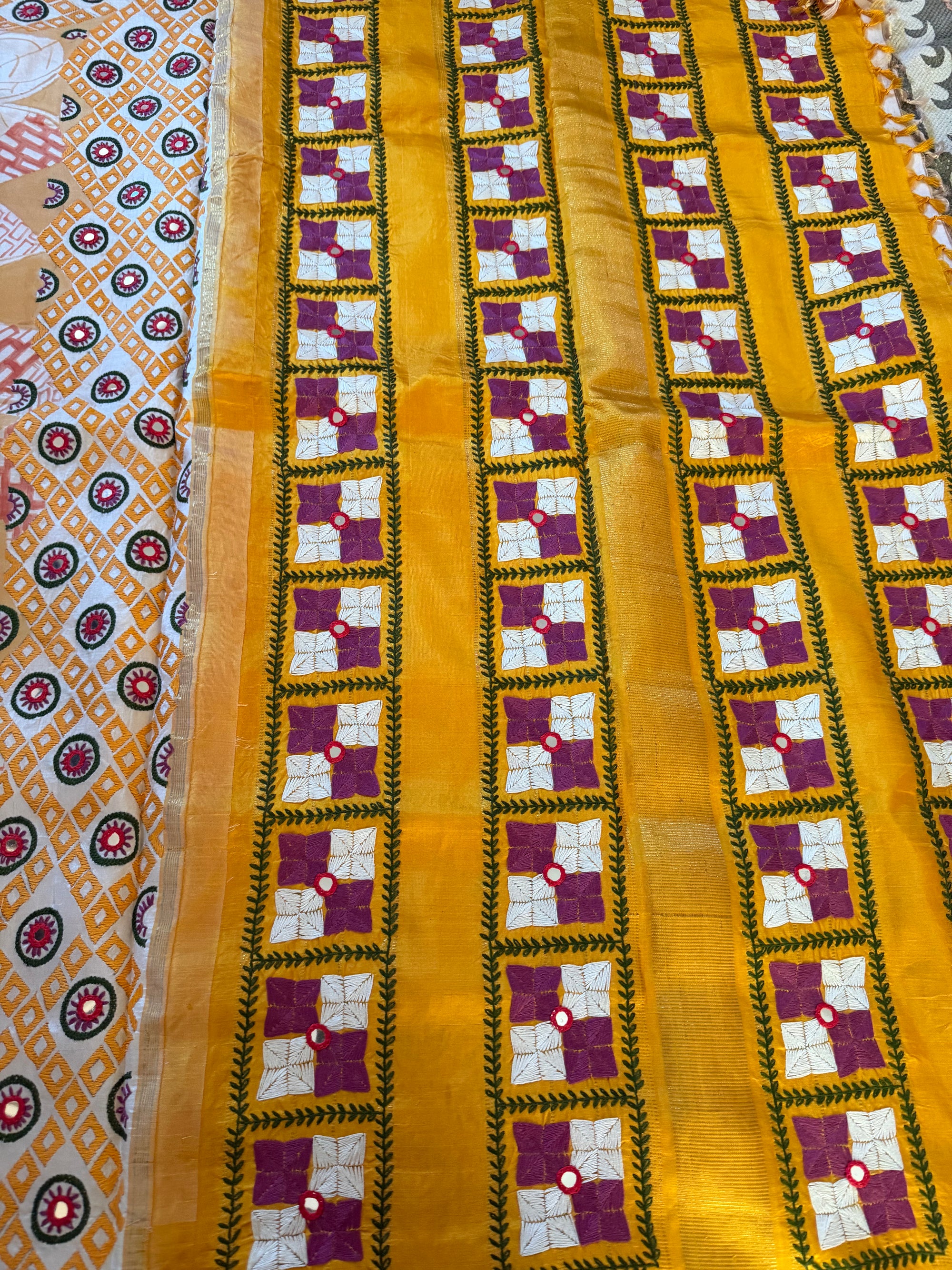 VRIKSHA: Abstract handpainting &amp; Phulkari on Kanjivaram Silk