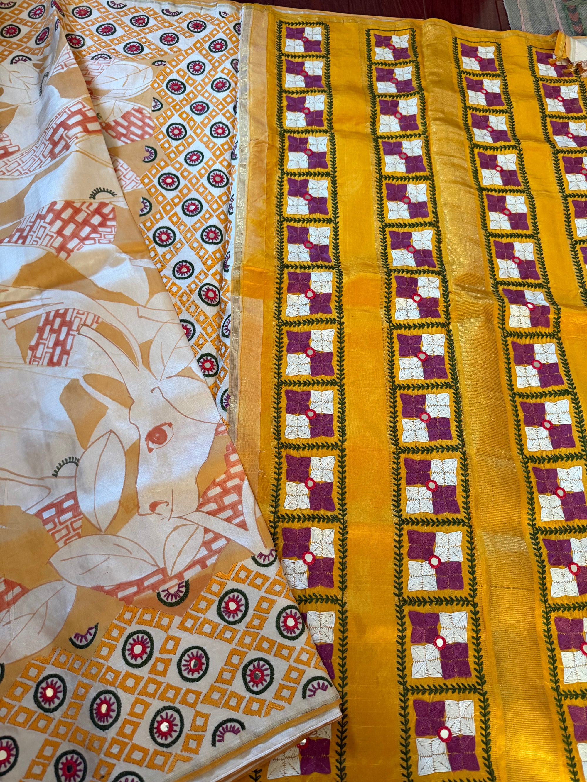 VRIKSHA: Abstract handpainting &amp; Phulkari on Kanjivaram Silk