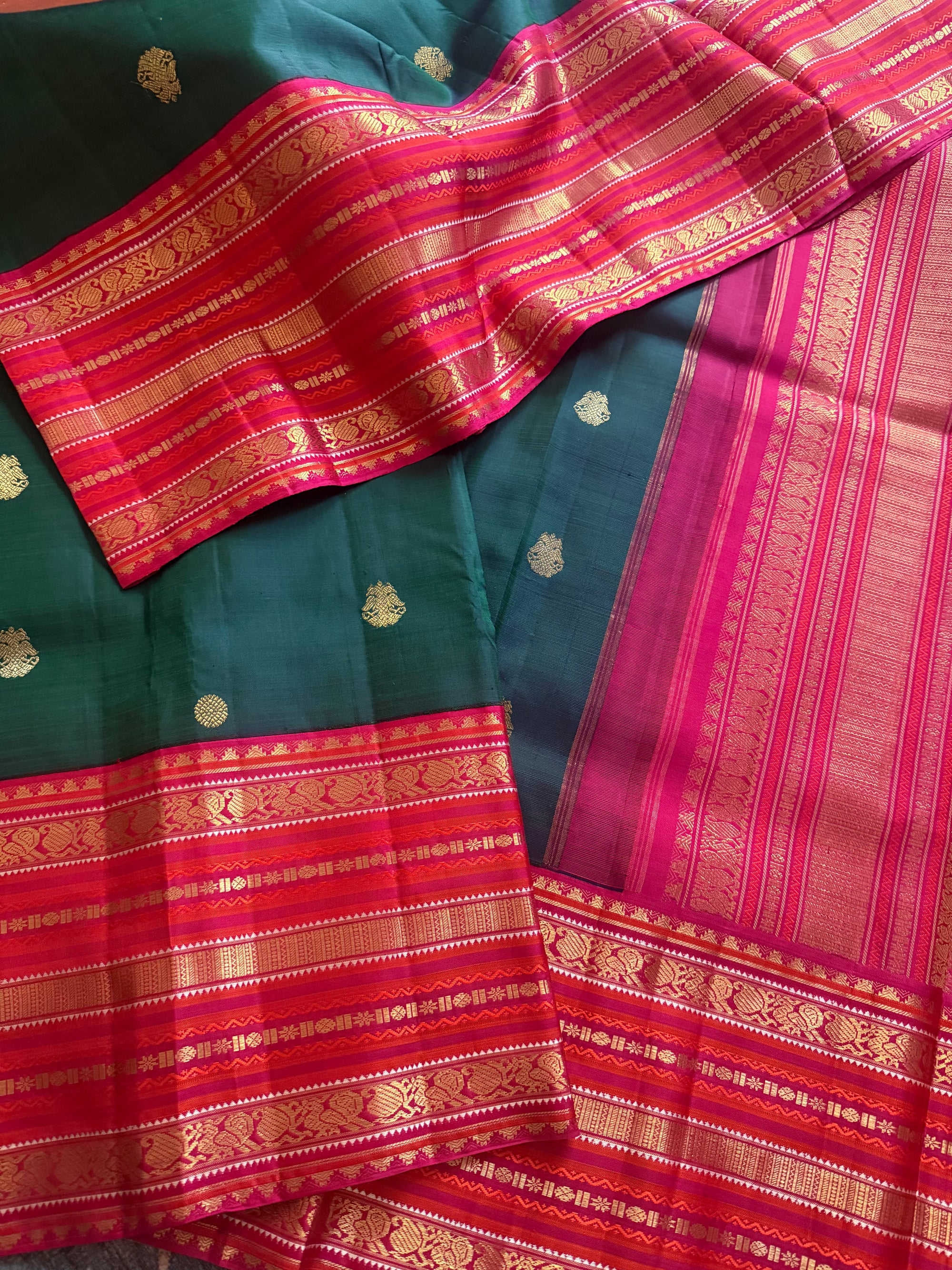 MYTHILI:  Vintage Kanjivaram Silk with Adukkupettu borders (Peacock Green + Pink)